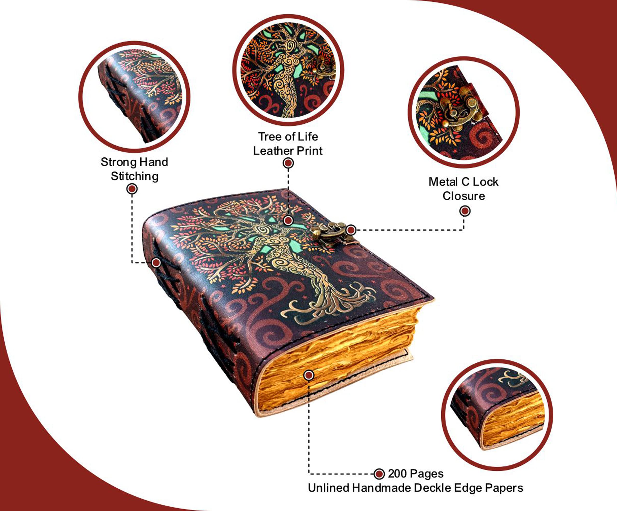Al Hazza Handicrafts Leeres Zauberbuch der Schatten – Tagebuch mit Schlossverschluss – Hexereibedarf – handgefertigtes Vintage-Tagebuch aus Leder – geprägtes Gebet Heidnisch – Wicca-Notizbuch täglich