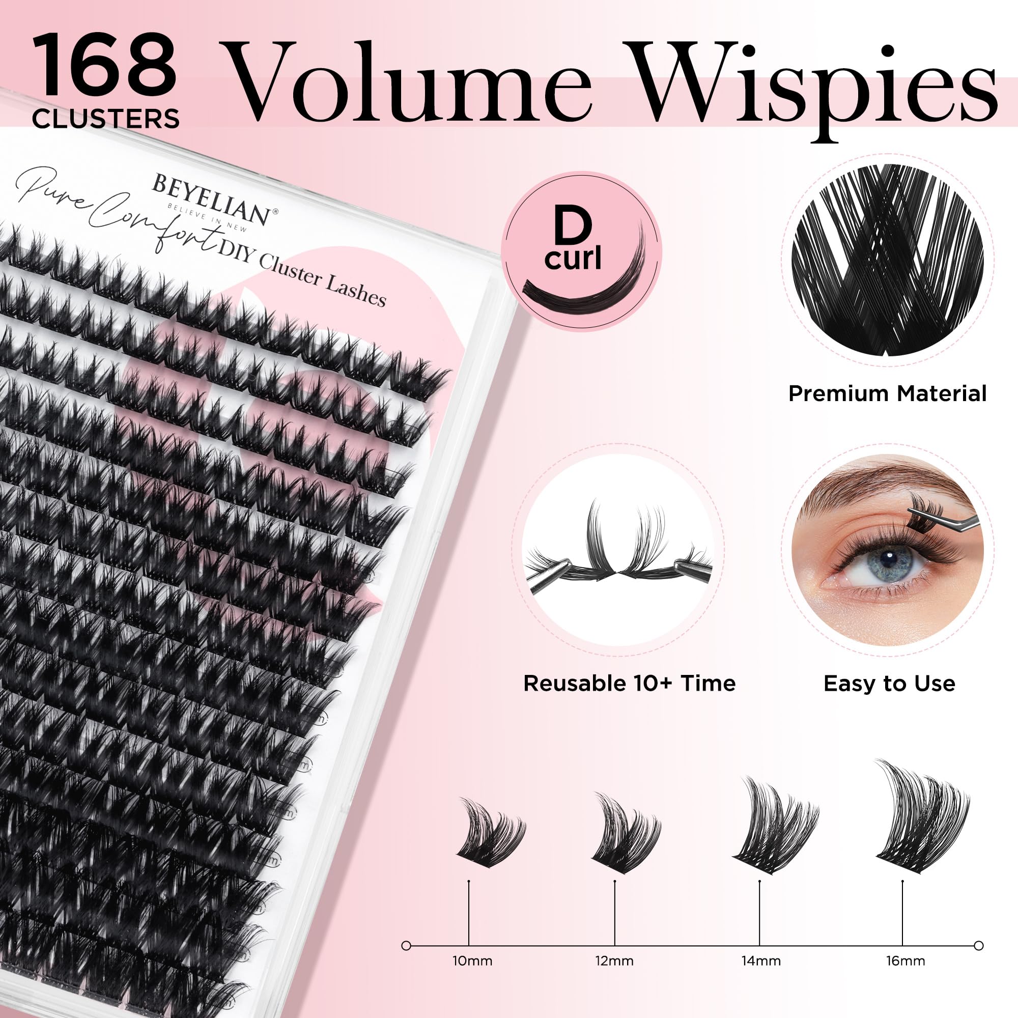 BEYELIAN Eyelash Clusters D Curl, Volume Wispy Cluster Lash Extensions, 168 Pcs Cluster Lashes Super Thin Band - Image 2