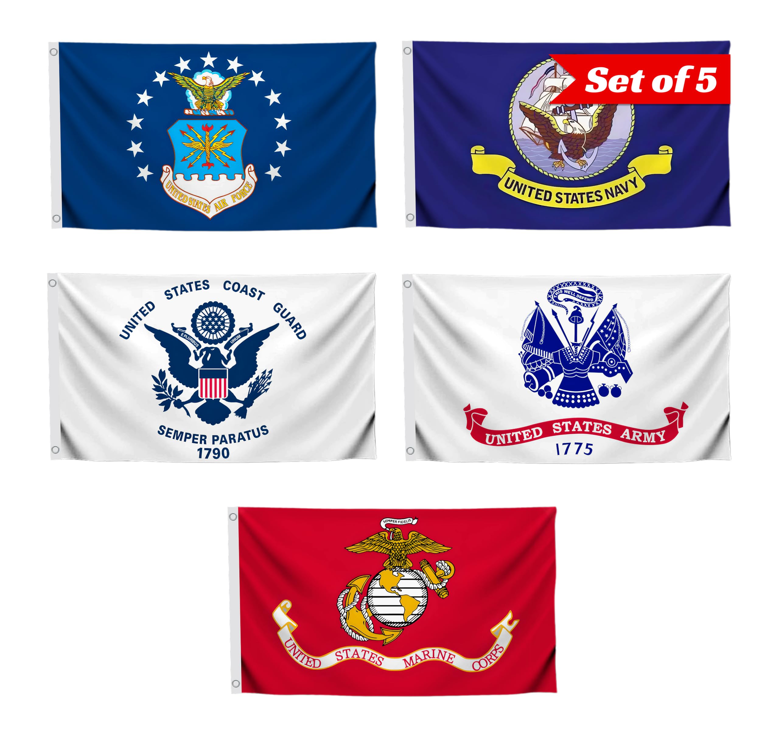 5X Branches Military Set 2x3 Feet - Army Polyester Flags with 2 Grommets Set Space Force - Outdoor Yard American Flag Polyester United States Single Sided Flag Stitched - Licensed Armed Forces Flag