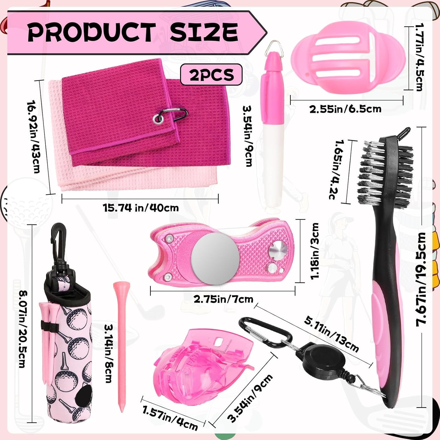 Golf Accessories Kit Golf Club Cleaning Kit Club Groove Cleaner Brush Divot Repair Tool Golf Towel with Clip Ball Bag with Hook Ball Alignment Kit Marking Pen Golf Gift Set Women - Image 2