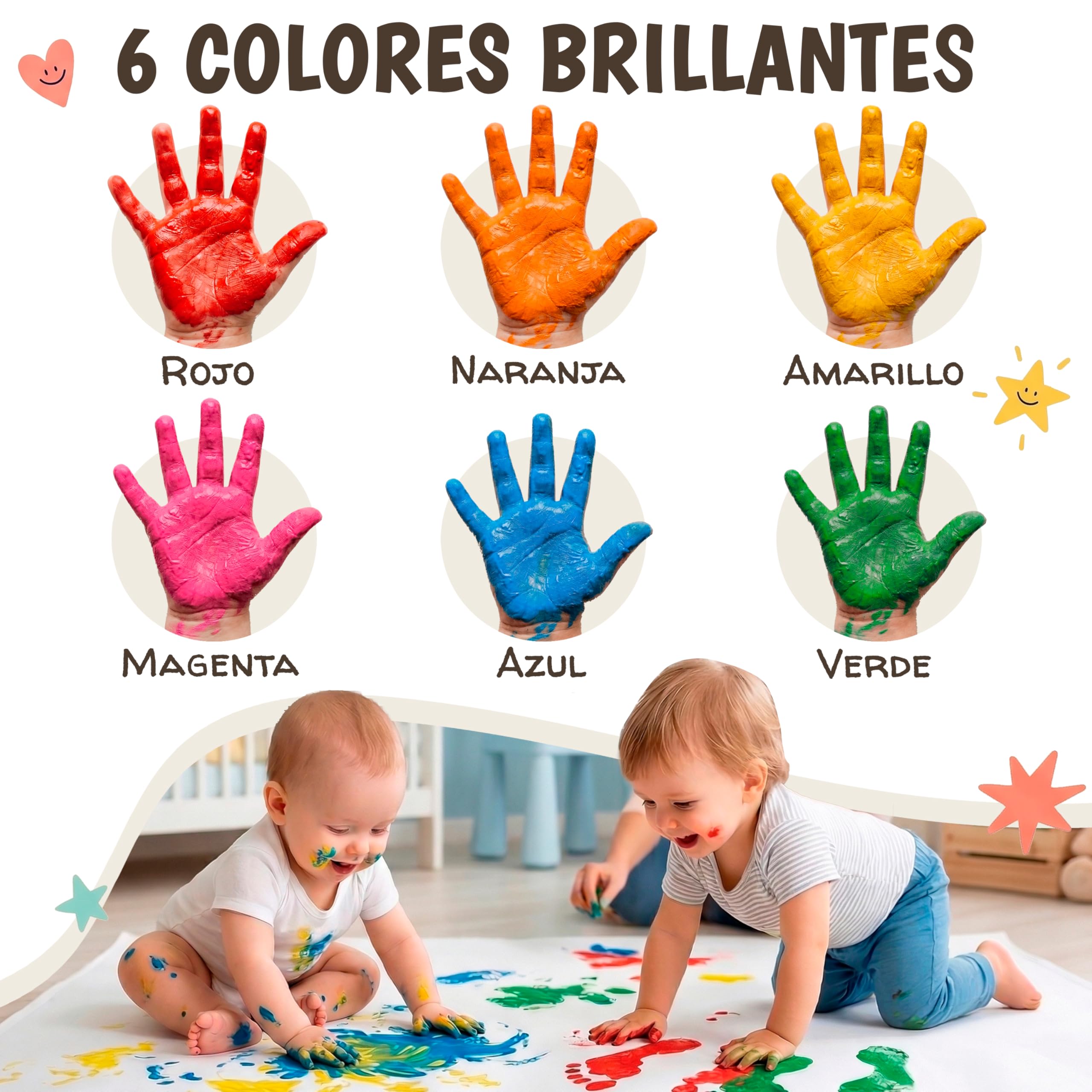 Pintura Dedos Bebe No Toxica Lavable 6x60ml – Pintura de Dedos Para Niños 1, 2, 3 años | Pintar con Manos y Pies | Pinta con Manos & Huellas Bebé Multi Superficia