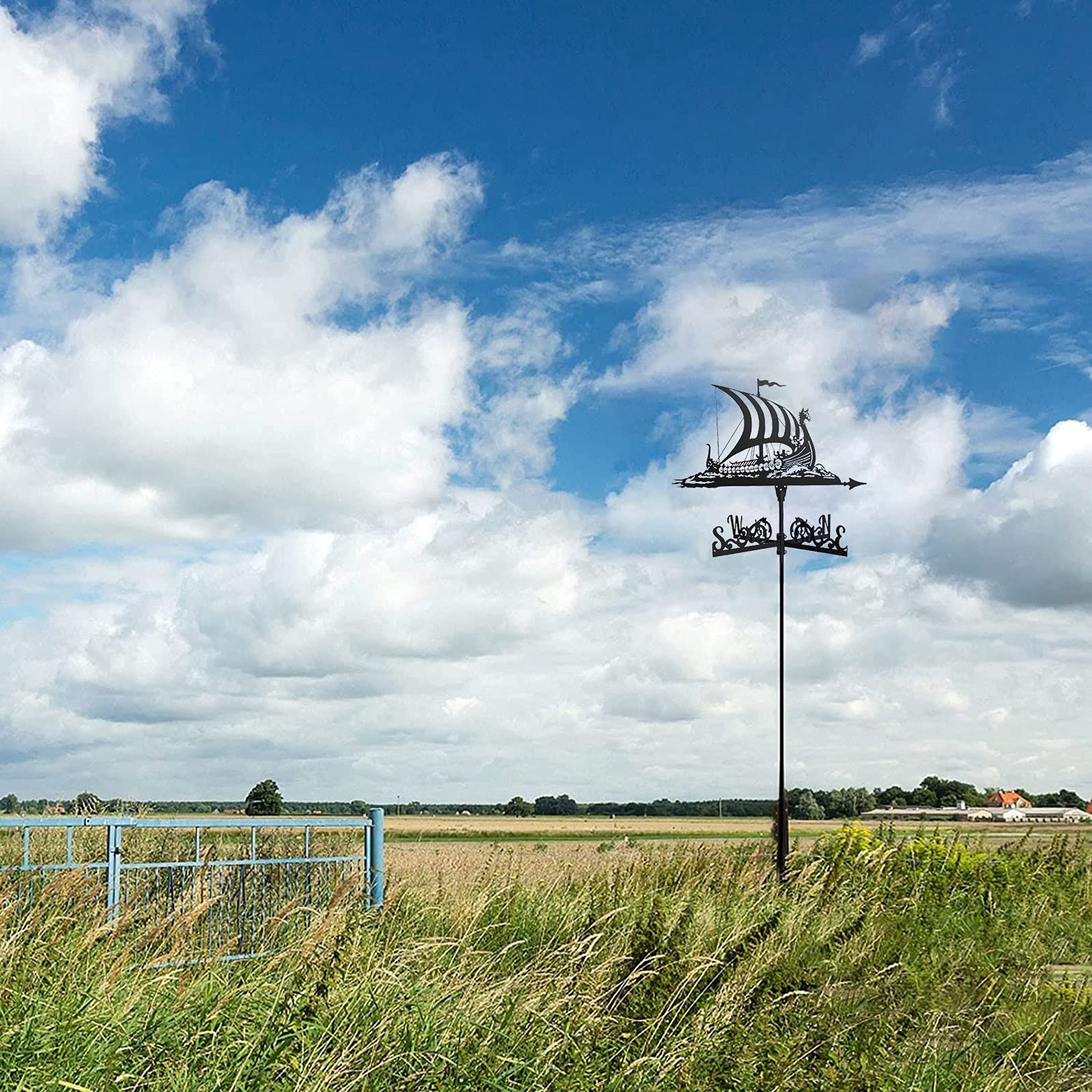 Wetterfahne aus Metall mit Wikinger-Schlachtschiff-Ornament, Wetterfahne, Gartenpfahl, Windrichtungsanzeiger mit Anti-Rost-Beschichtung für Hofdachmontage