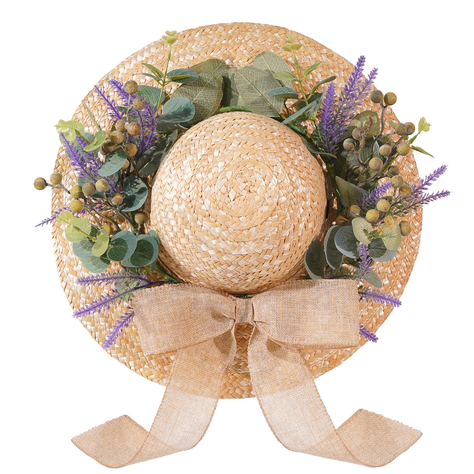 Dilicoming Frühlings-Eukalyptus-Kränze für Haustür, 40,6 cm, Sommer-Herbst-Strohhut-Kranz mit Schleife, Frauen-Geschenk, für Innen- und Außenbereich, Kränze für Wand, Fenster, Bauernhaus, Party