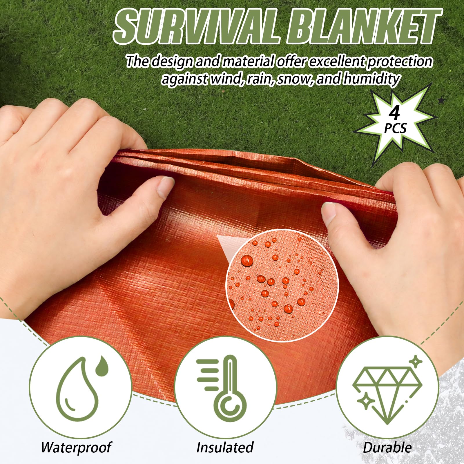 Kanayu 4 mantas de supervivencia de emergencia resistentes con aislamiento térmico, reflectante, impermeable, manta espacial para camping, senderismo, 82 x 60 pulgadas (verde oliva, naranja)