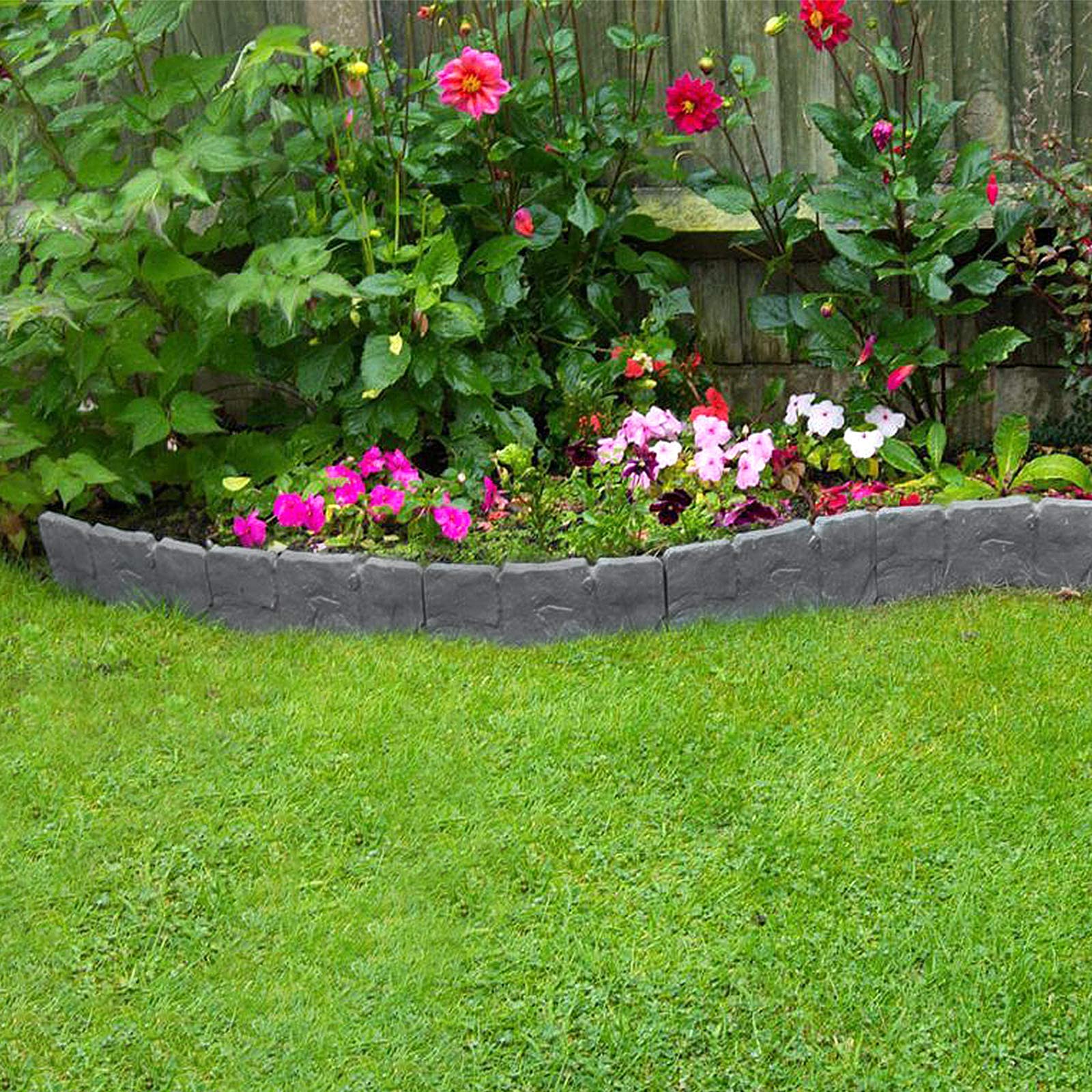 Beeteinfassung Rasenkante Stein Rasenkante Kunststoff PP-Beetbegrenzung Beetumrandungen für Garten Wiese LxH 25x23cm 50-teilige / 12,5M Anthrazit