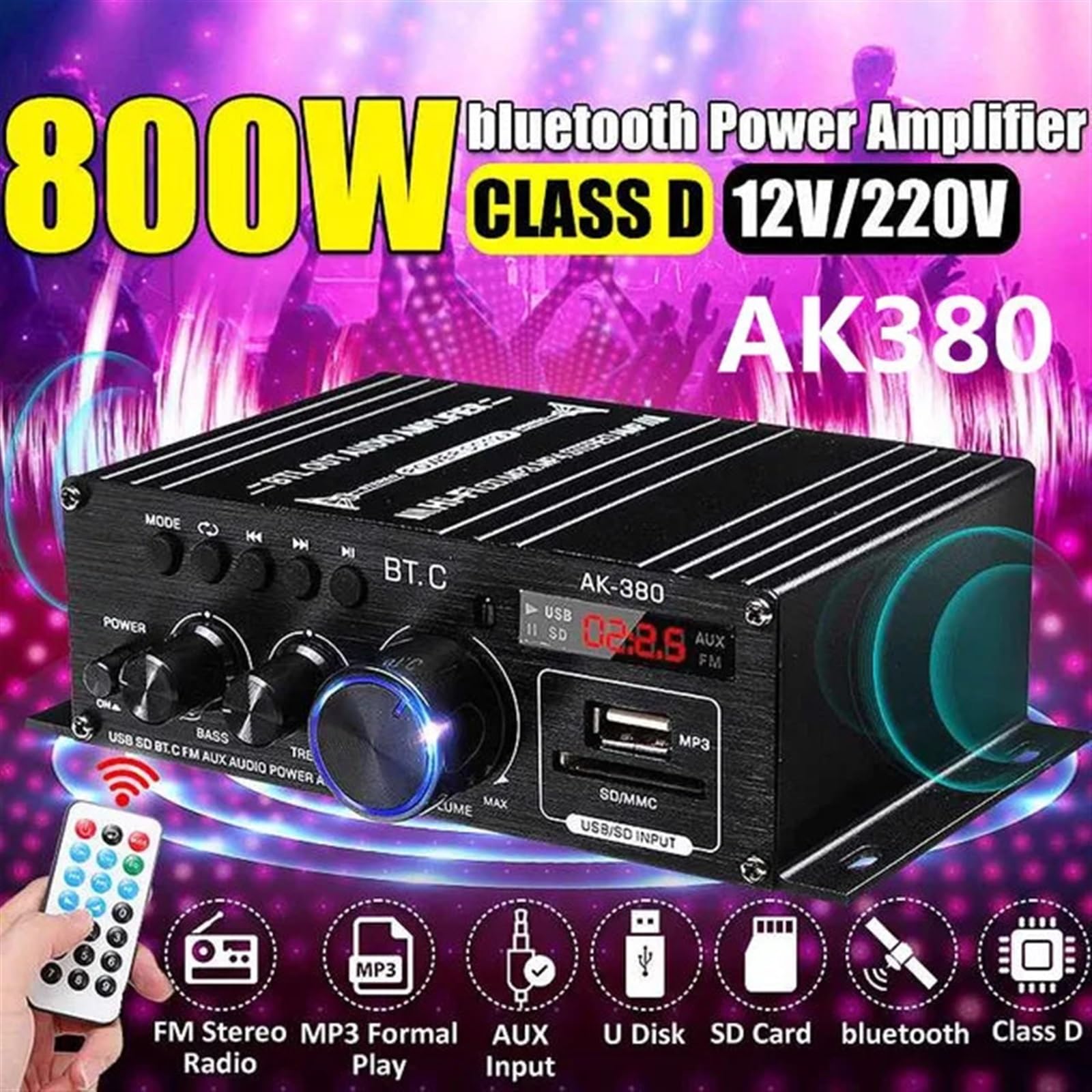 Mikser audio, AK380/G8/AK370/AK270/AK170 800W 12V domowy samochodowy wzmacniacz mocy Hifi bas radiowy audio głośnik klasy D dźwięku w domu Do karaoke(AK380 bluetooth)