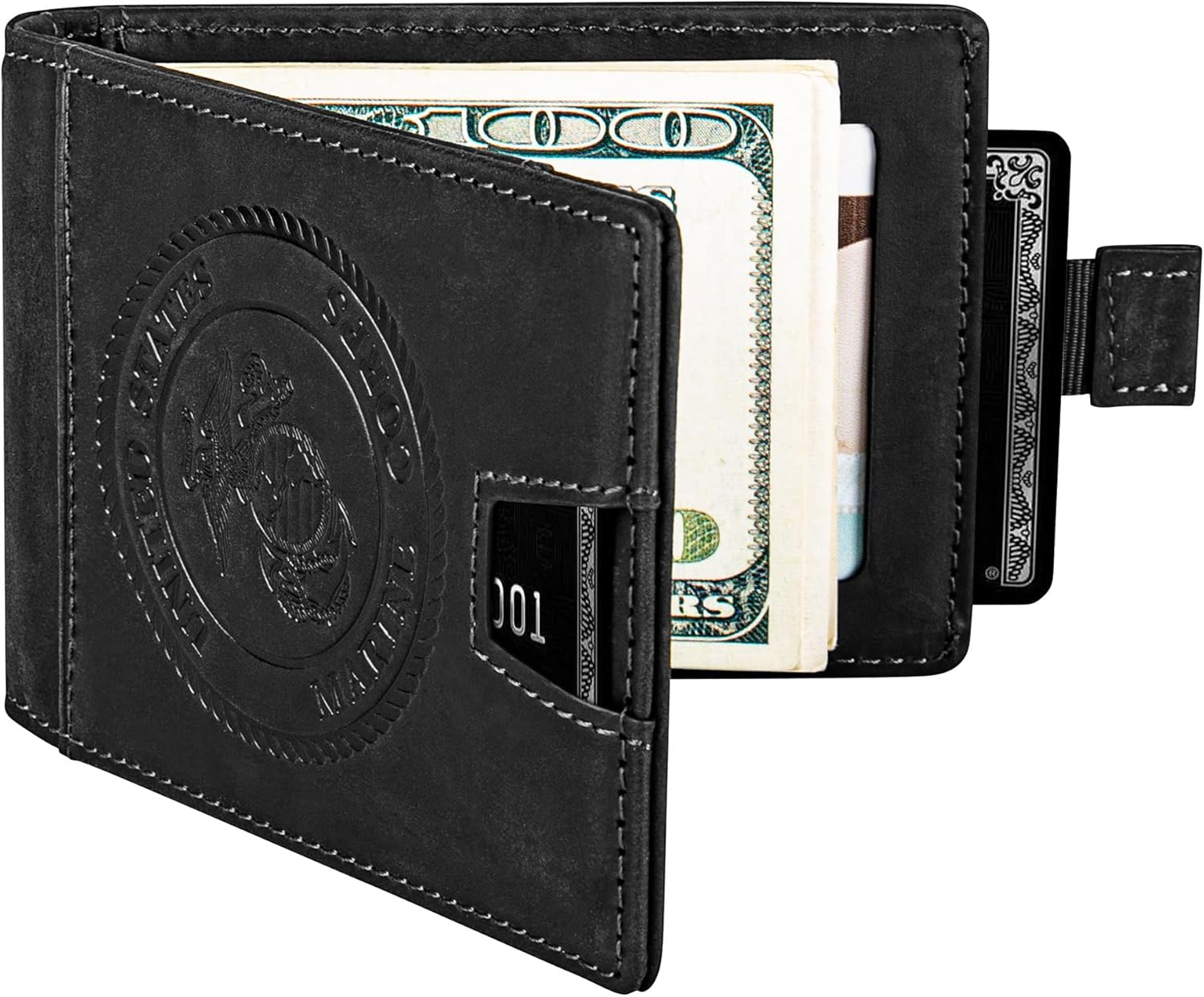 Marine Corps Black Crazy Horse Leather Bi-Fold Card Holder with Money Clip Black USMC - Image 4