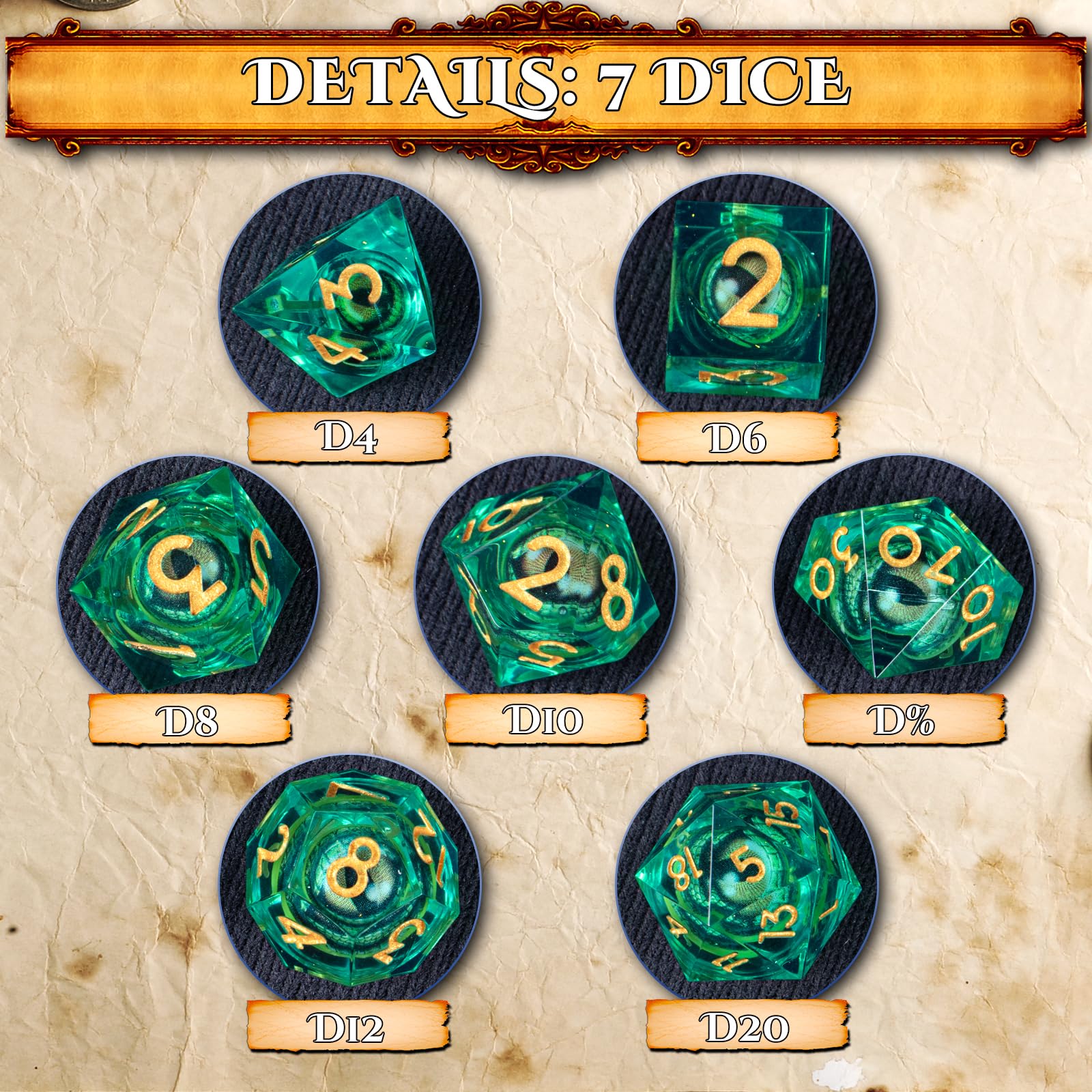 Juego De Dados De Ojo De Dragón Para D&D – Set De 7 Dados Poliédricos (D4, D6, D8, D10, D12, D20 Y D%) Con Ojo Giratorio Interior, Color Verde Transparente Y Números Dorados