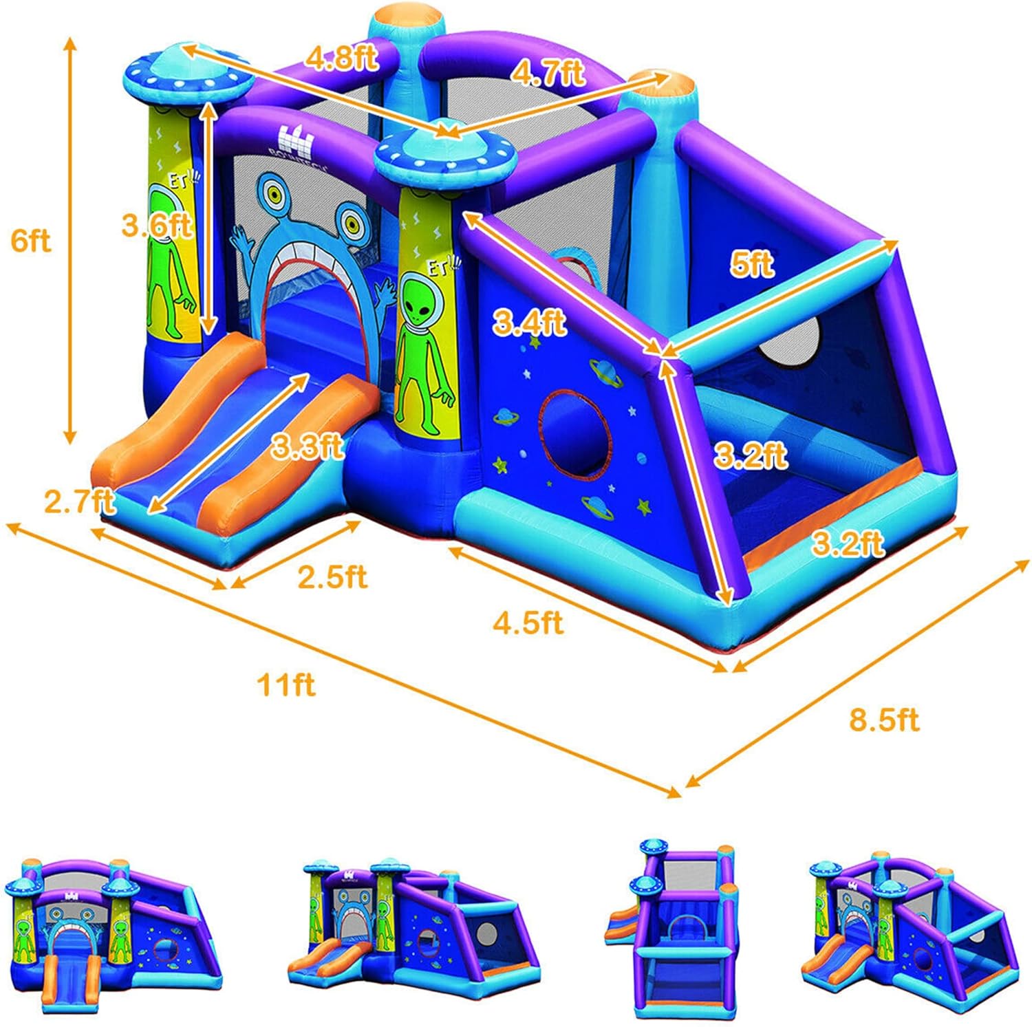 DORTALA Inflatable Bounce House, Alien Style Jumping Bouncy Castle with Slide, Ball Pit, Mesh Protection, Carry Bag, Stakes & Repair Kit, Kits Jumper Indoor Out door, Easy Set Up for Hours of Backyard