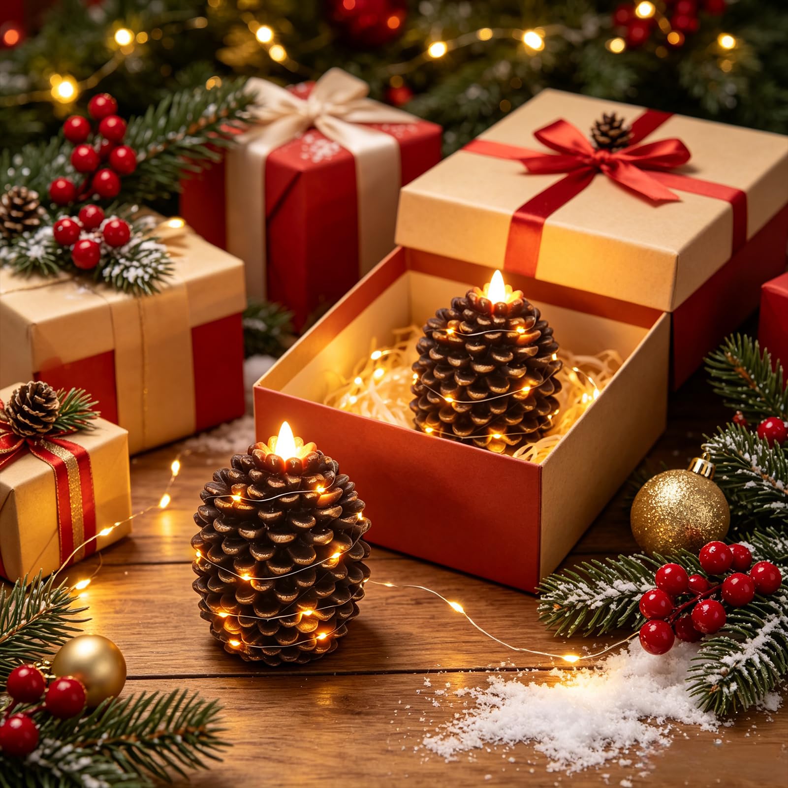 Wondise Velas sin llama de cono de pino con cadena de luces de temporizador