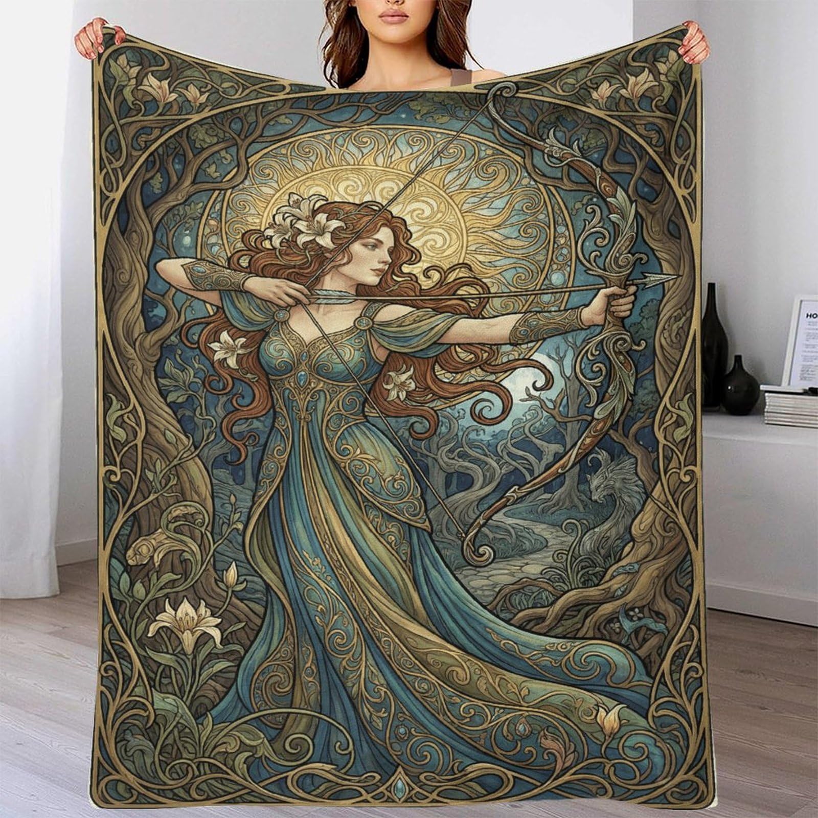 H3B8U2Y5 Art Nouveau Mucha Artemis for Flannel Throw Blanket, Couch TV Time