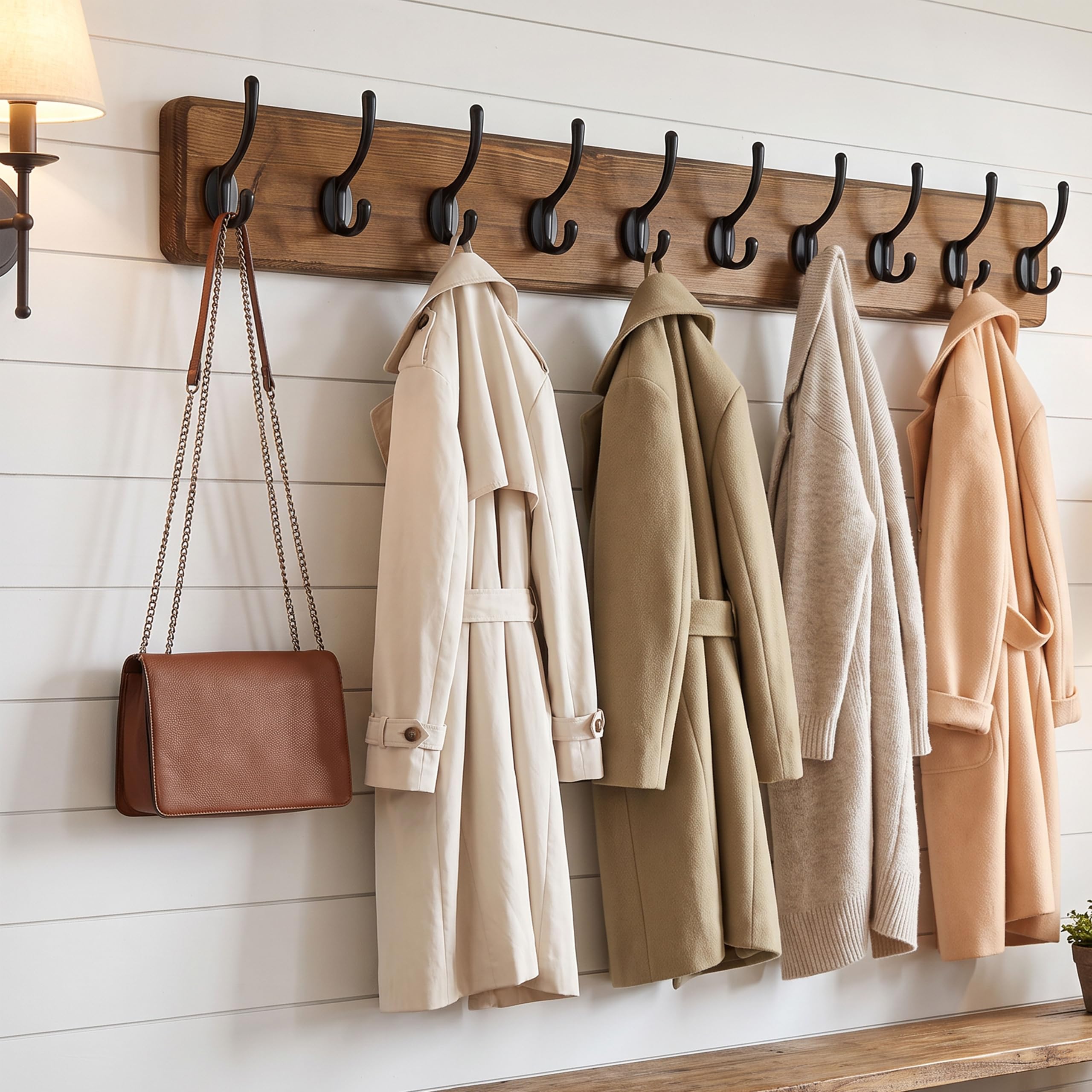 WEBI Percheros Pared Madera,10 Ganchos,98cm Largo Colgador Pared,Percha Pared,Colgadores Pared,5 Ganchos Para Abrigos,Chaqueta,Marrón