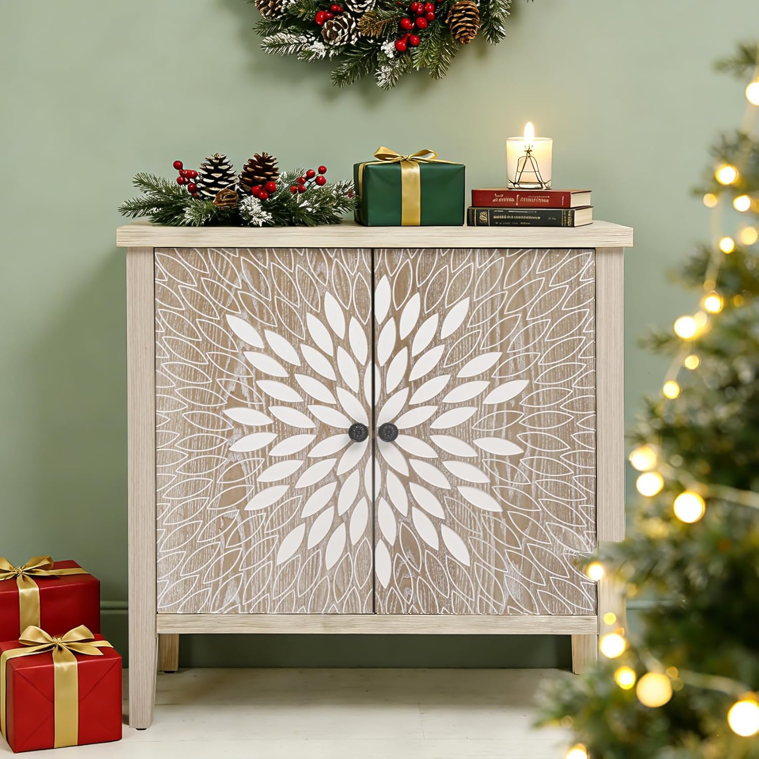 31.5" 2 Door Carved Accent Cabinet with Storage, Farmhouse Sideboard with Adjustable Shelf, Vintage Wood Storage Cabinet for Entryway, Living Room, Kitchen, Black