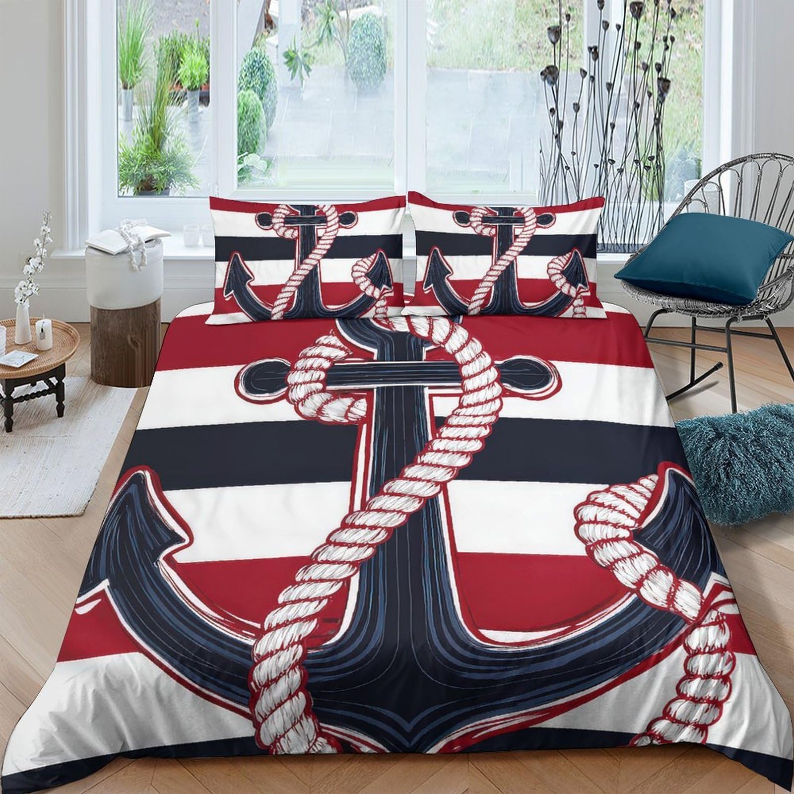 Ctjqhvkz Style-10 3D Printed Nautical Anchor Fitted Sheet Microfiber Red White Stripe Rope Mattress Cover Bedroom Dorm Mattress Protection Decor Single（135X200cm）