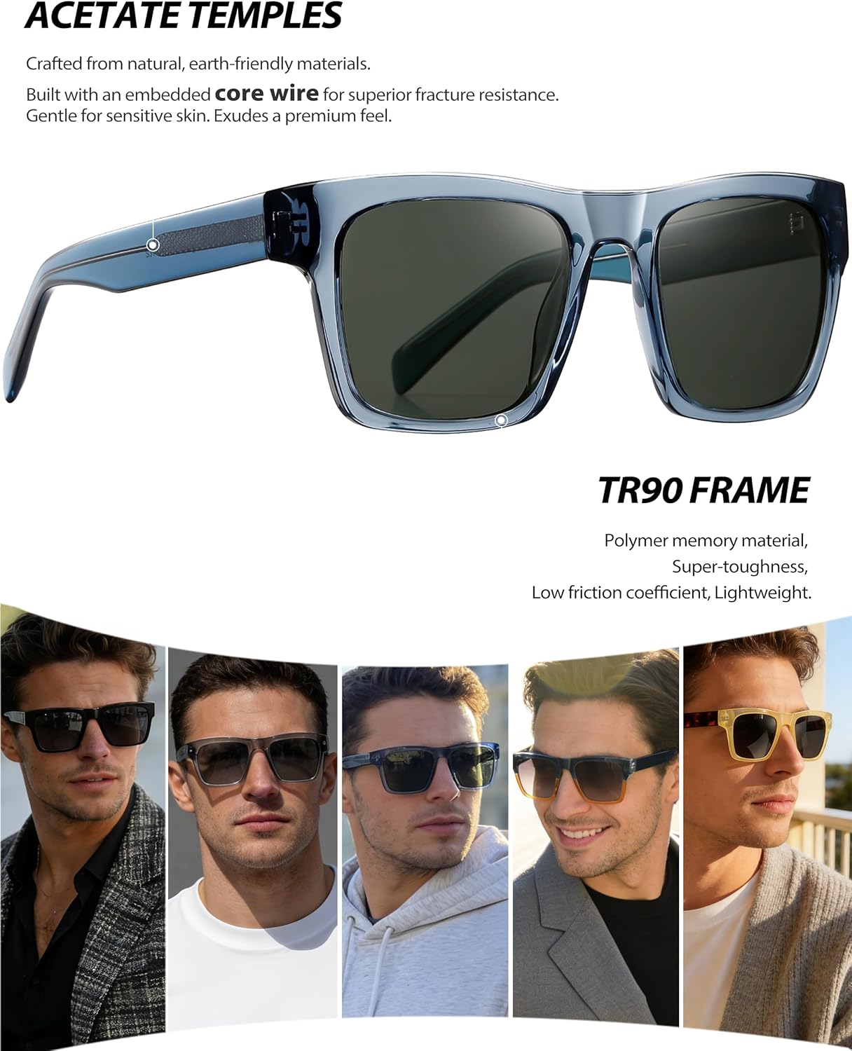 Joopin Acetate Square Sunglasses Men Polarized UV400 Protection Trendy Oversized Sun Glasses Retro Shades Women - Image 3