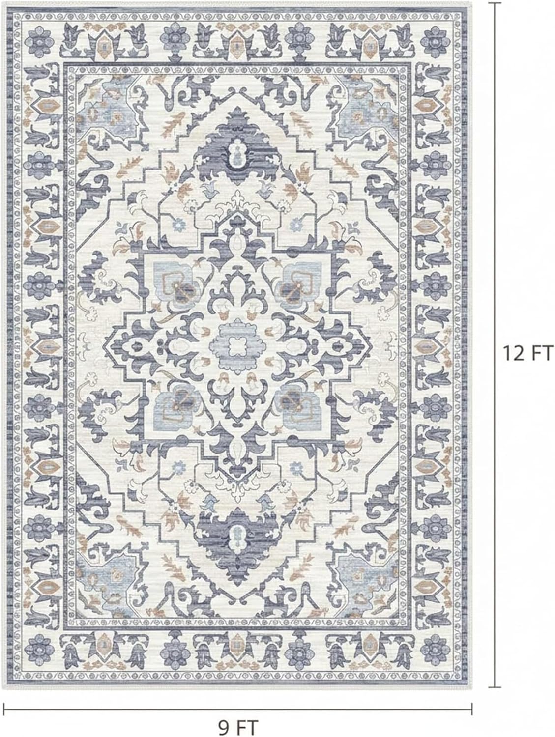 DUMOS 9x12 FT Large Area Rug for Living Room, Machine Washable Low-Pile Rug with Non-Slip Backing, Durable Edge Binding for Bedroom, Dining Room, Vintage Blue