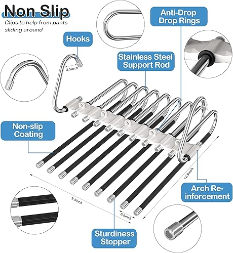 Vista 42 de Perchas para pantalones de 9 capas que ahorran espacio, paquete de 2 estantes multifuncionales de acero inoxidable organizador de armario
