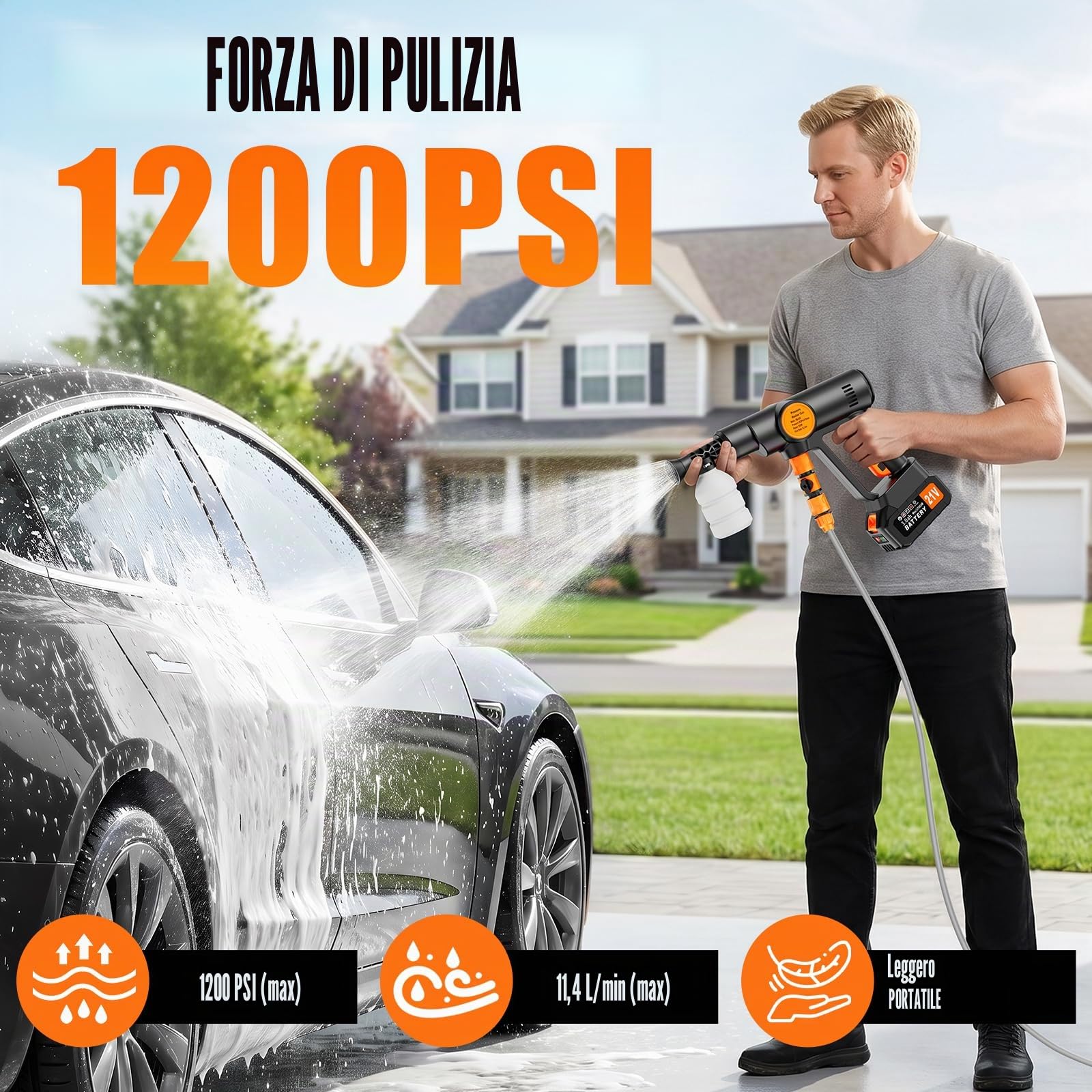 Idropulitrice a Batteria Senza Fili, Idropulitrice Portatile Potente con 2x3000 mAh Batterie, Motore Brushless, 100 Bar, Tubo da 5M, Ugello 6 in 1, Pistola Idropulitrice per Auto Giardino Irrigazione