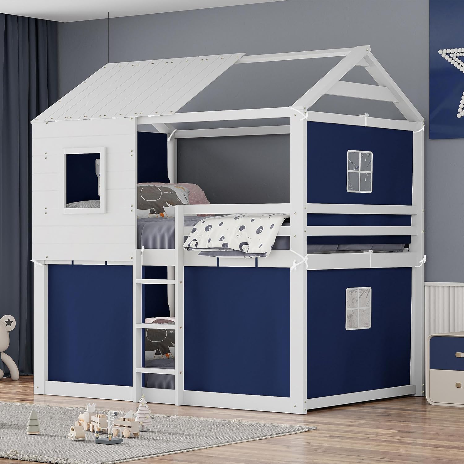 Full Over Full Bunk Beds, Kids House Bed with Tent, Wooden Montessori Playhouse Floor Bedframe with Roof & Windows, Floor Bunk Bed with Full-Length Guardrail for Kids Boys Girls, Blue