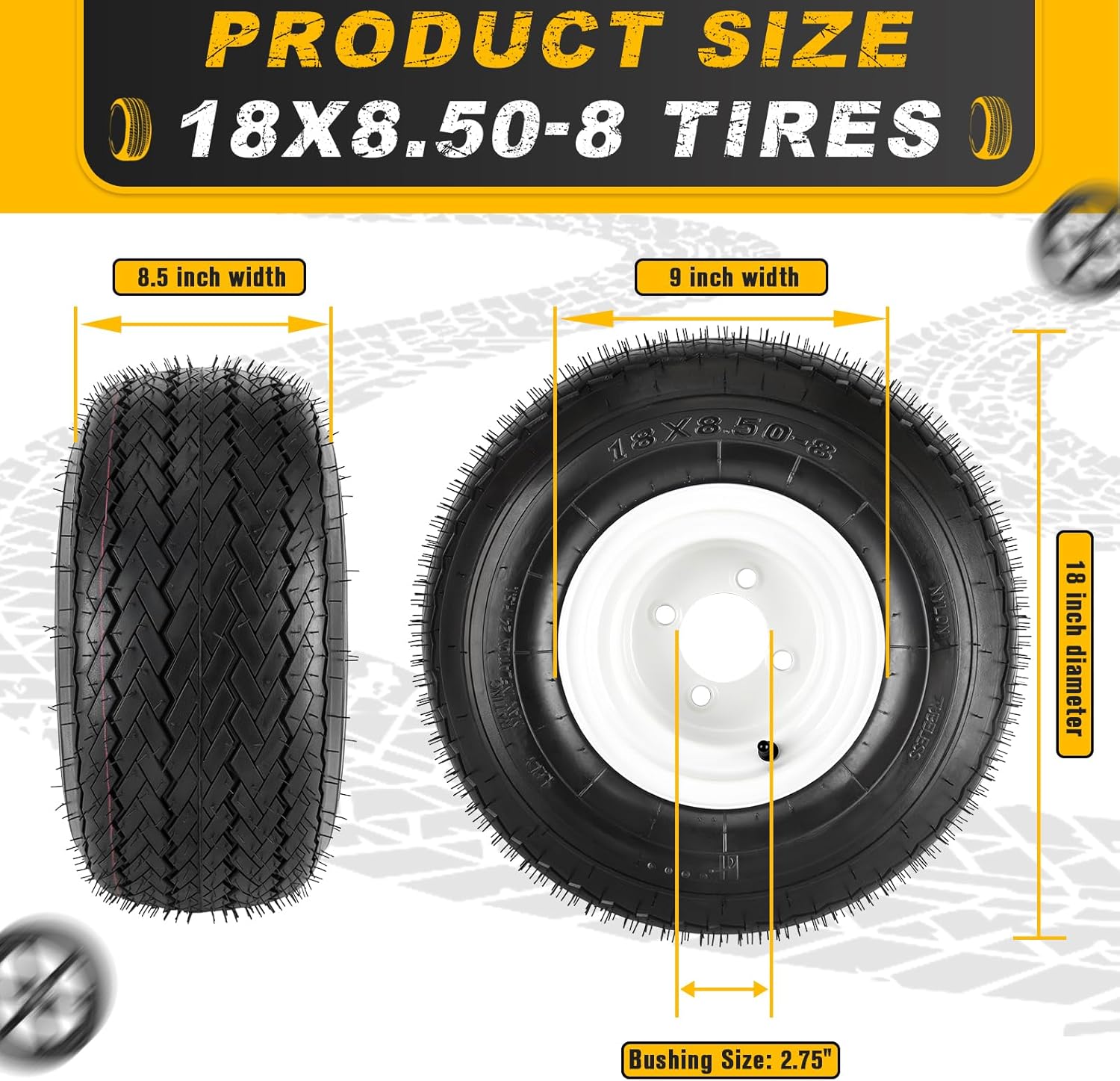 2PCS 18x8.50-8 Lawn Mower Tires with Rim, 18x8.5-8 Tire and Wheel for Riding Lawn Mowers Garden Tractor Turf Tires Golf Carts, 815lbs Capacity, 4 Ply Tubeless