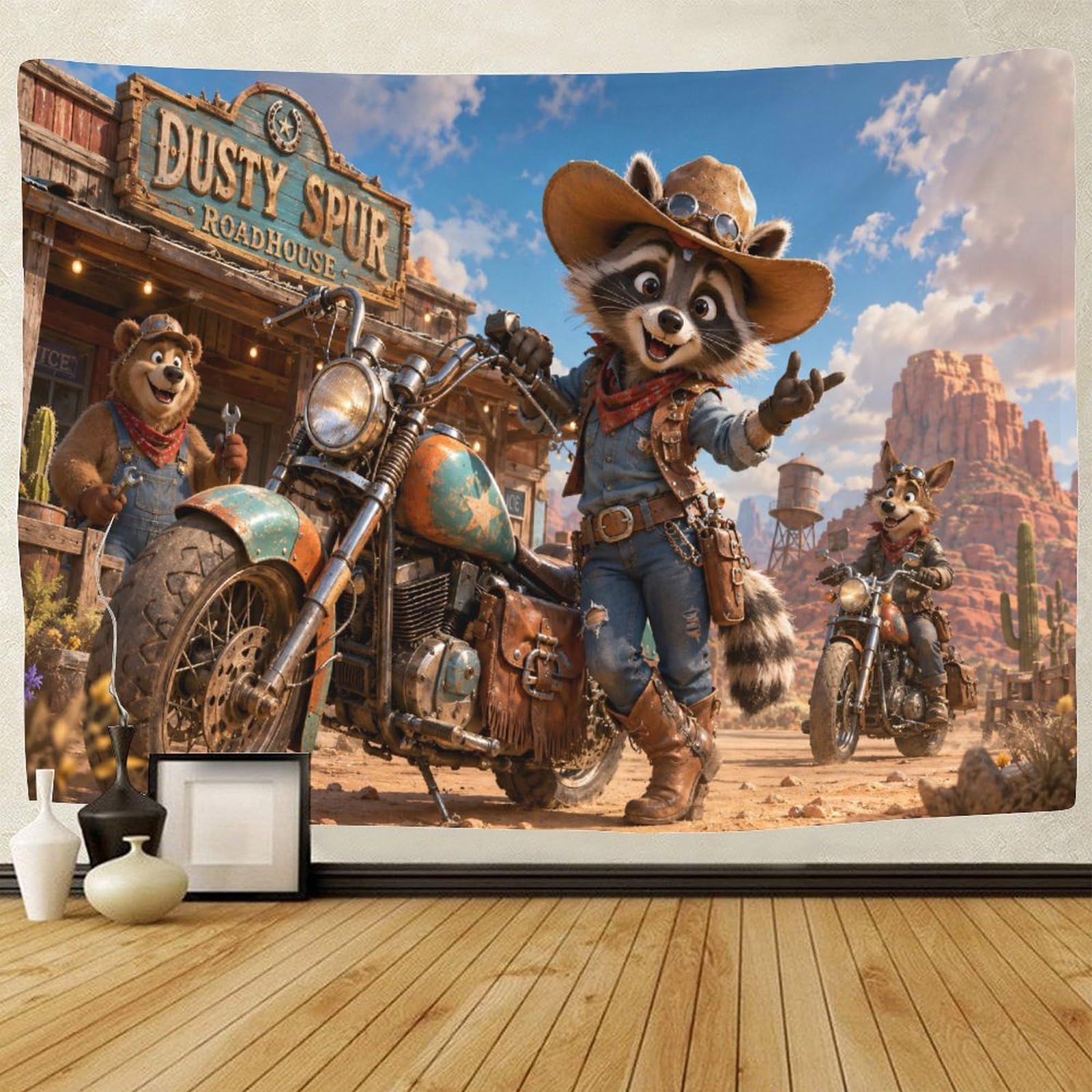 GPMNBCXZK Western Raccoon Cowboy 3D Print Tapestry Wall Hanging Decor Wall Art Decor Tapestries Poster Home Decoration Bedroom Living Room 180cmx230cm
