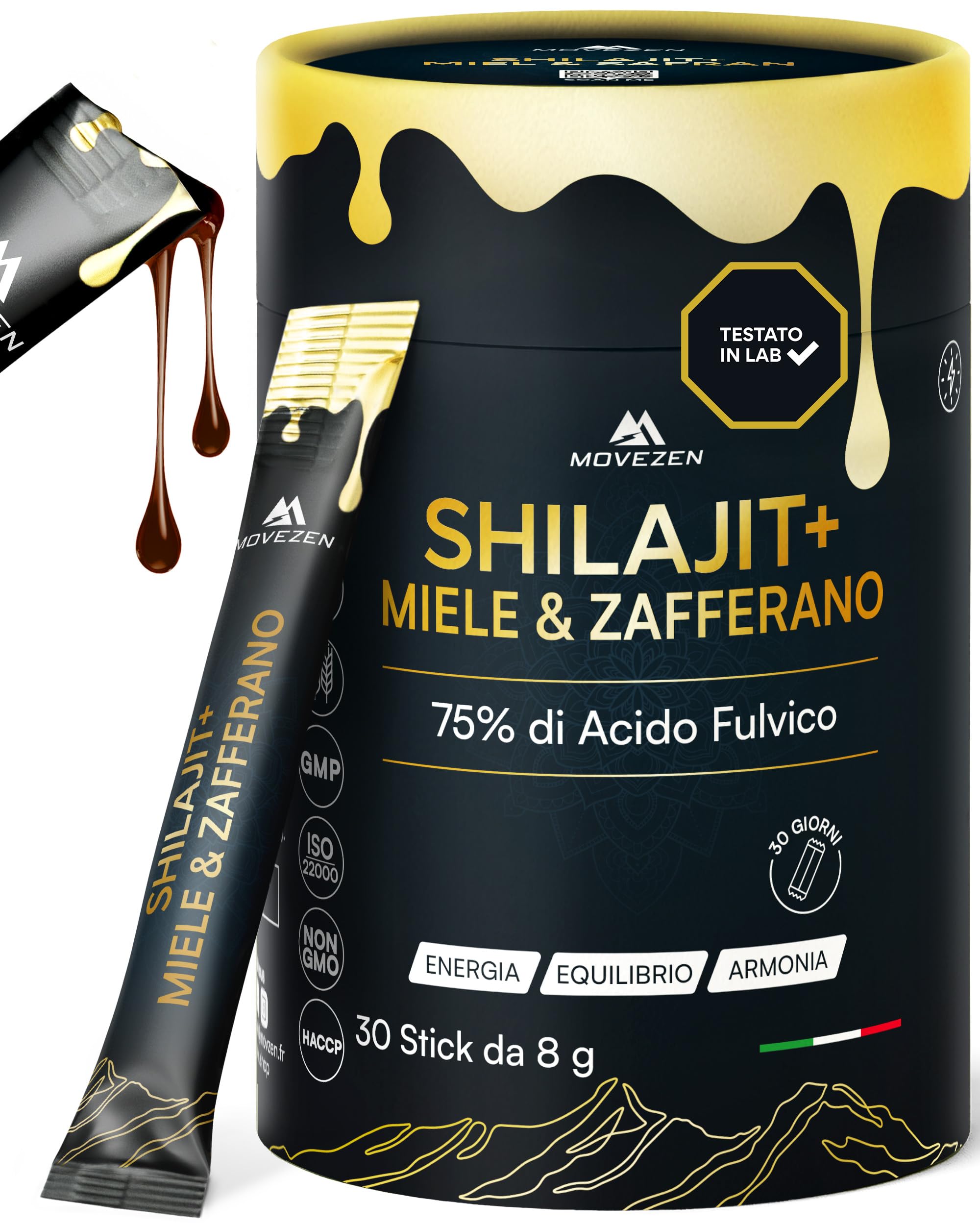 Shilajit +, Resina autentica 100% pura dell'Himalaya con miele e zafferano biologico – Energia sostenibile, Vitalità, Concentrazione – 30 Sticks da 8 g – Ricco di acido fulvico e umico, 85+