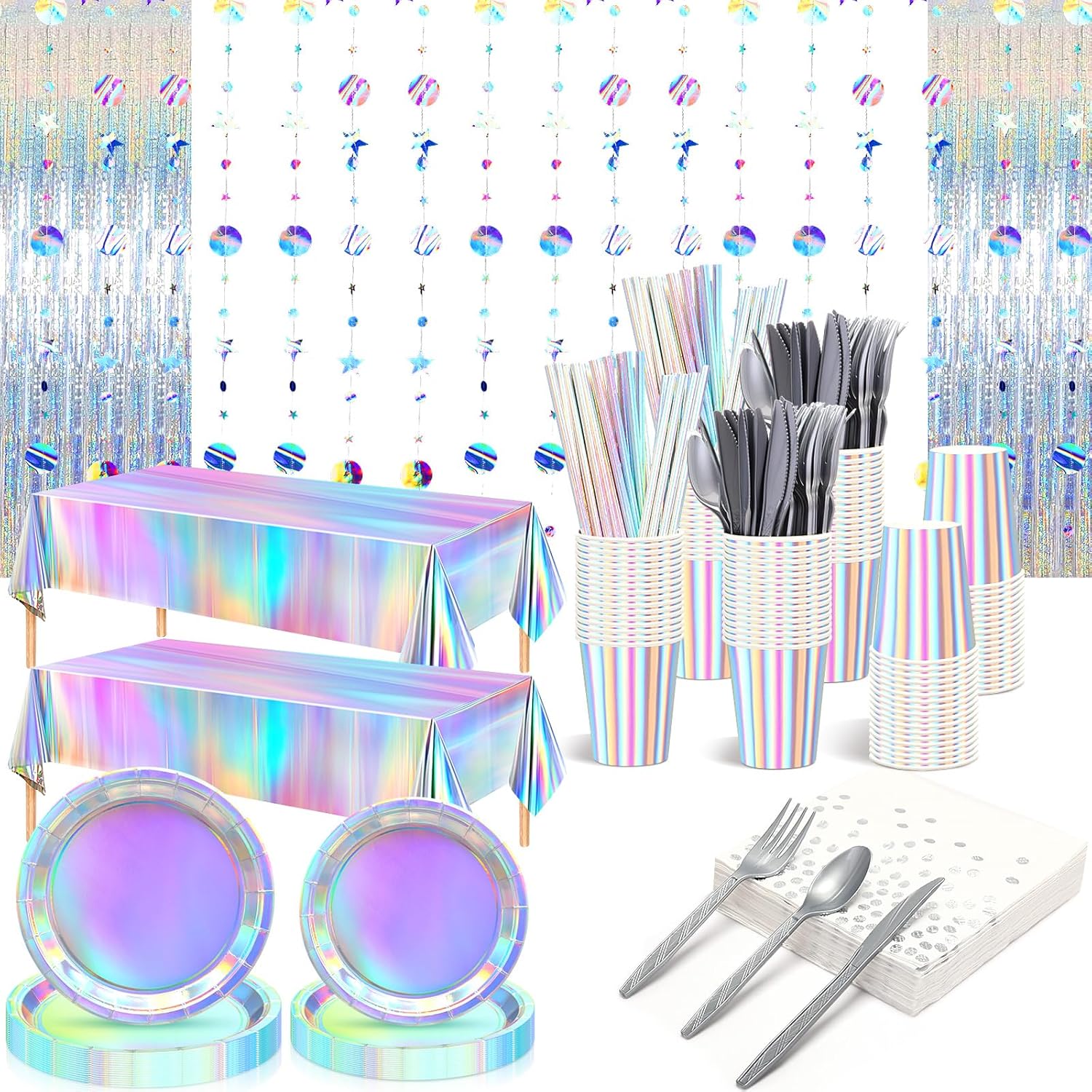 Sliner 256 Pcs Iridescent Party Decorations Supplies Holographic Party Decorations, Includes Paper Plates Cups Napkins Silver Cutlery Straws Plastic Tablecloth Foil Fringe Curtain Hanging Dot Streamer