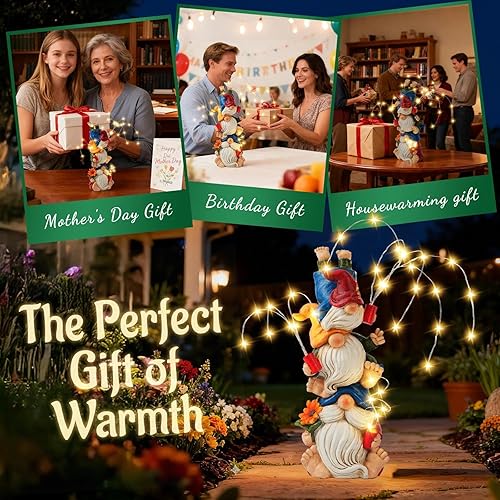 Miniatura 6 de Decoraciones de gnomos para patio, triple apilado con luces de fuegos artificiales, gnomo solar de jardín al aire libre, estatua de decoración para