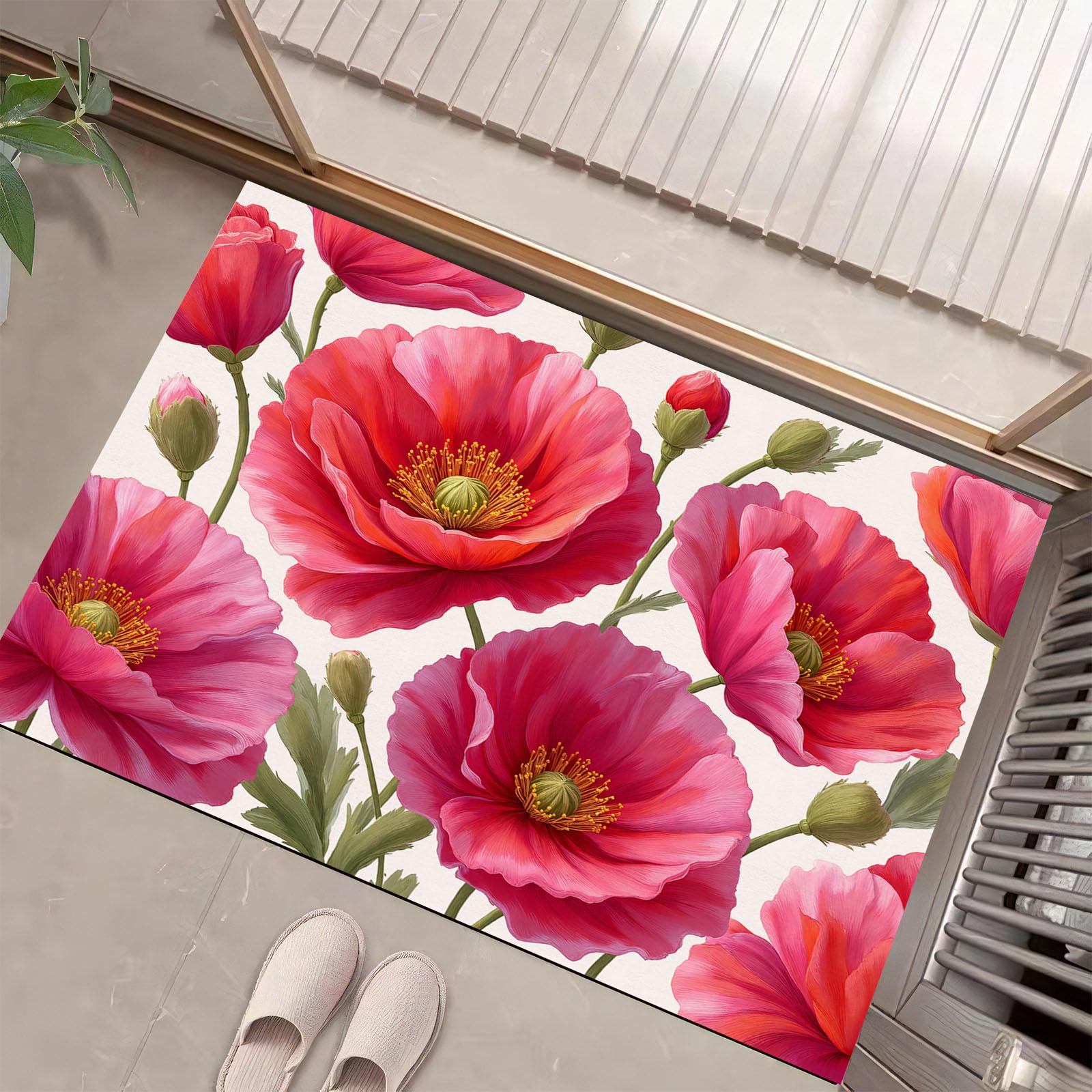 Tapis de sol attrape-poussière lavable et paillasson de fleurs rouge antidérapant