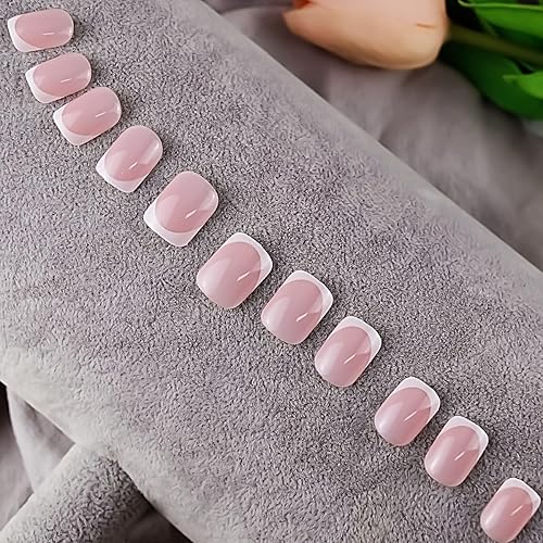 Miniatura 3 de Uñas postizas cortas francesas, uñas cuadradas a presión, cobertura completa, puntas de uñas postizas blancas, diseño exquisito, color rosa,