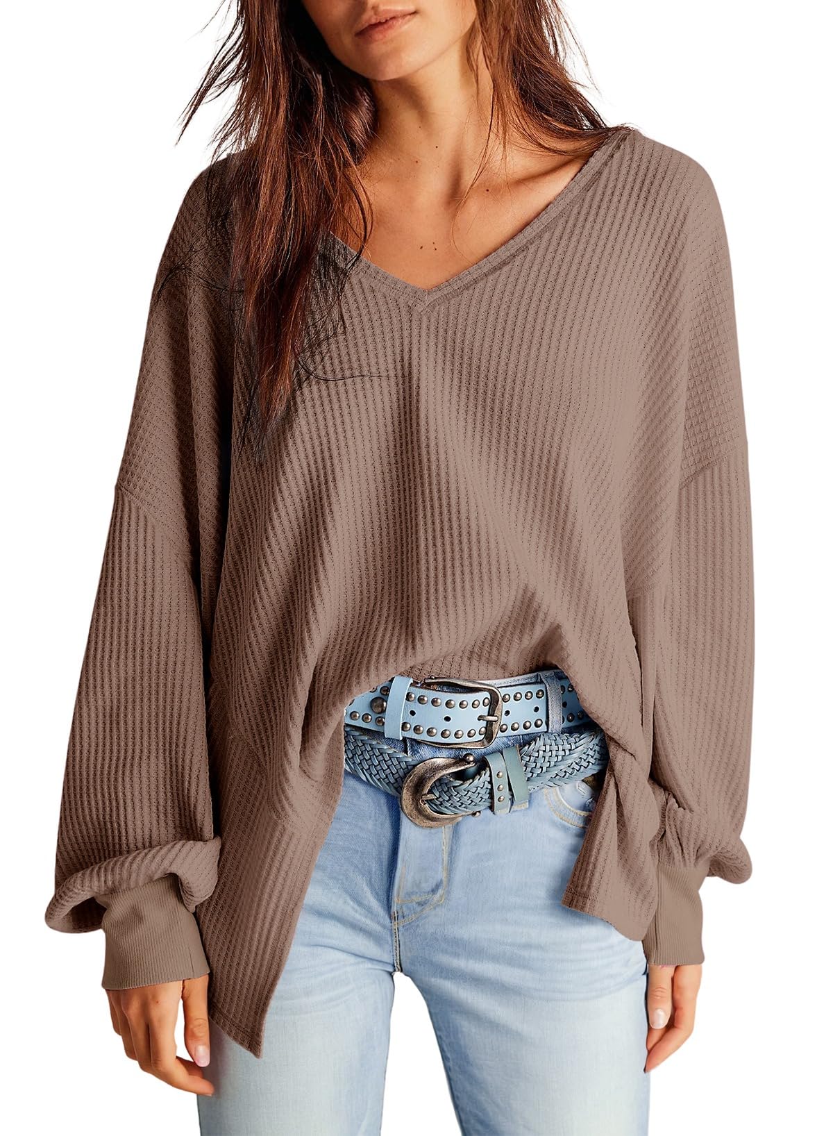 Dokotoo Womens Waffle Knit Tops Fashion 2026 Long Lantern Sleeve Casual Blouses V Neck Oversized T Shirts