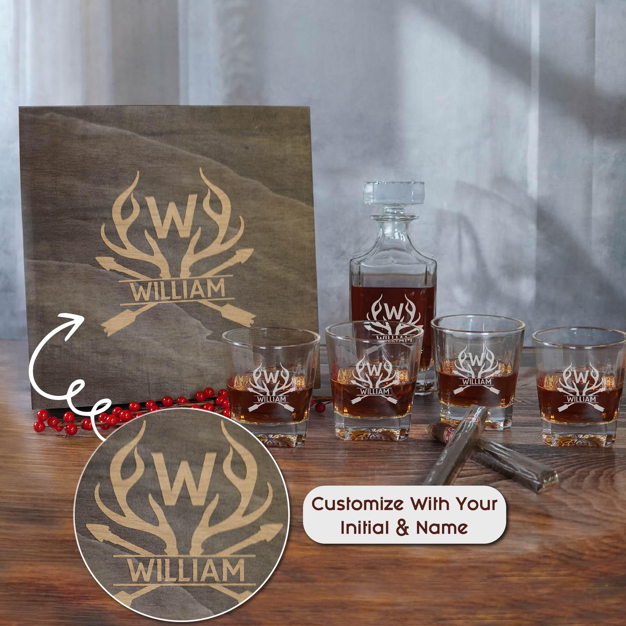 Personalized 750ML Square Whiskey Decanter Set with 4 Glasses & Engraved Wooden Gift Box – Custom Engraved Bourbon Decanter – Luxury Whiskey Gift for Men, Dad, Husband, Birthday, Retirement