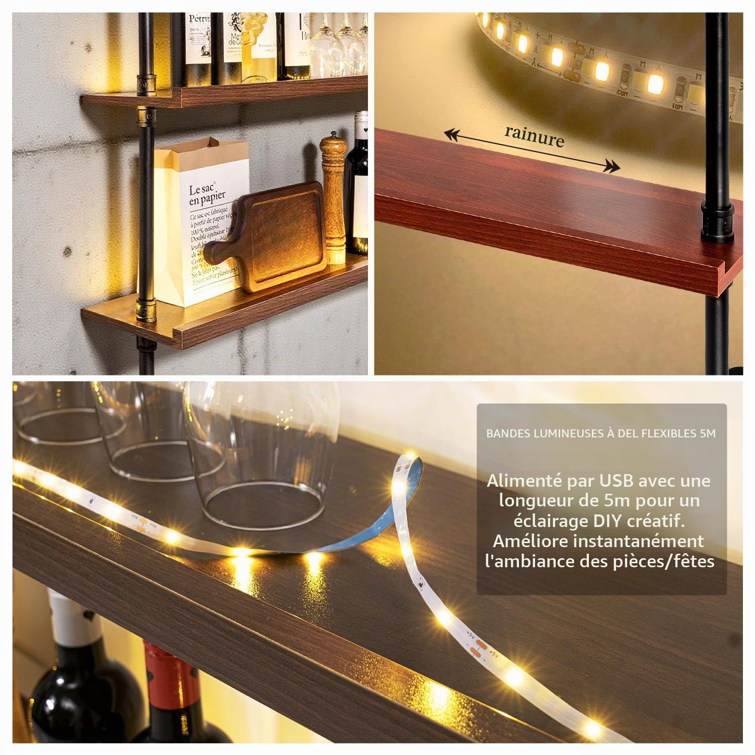 120 cm Porte-bouteilles De Vin Mural LED à 3 Niveaux, Étagère Murale Bar Style Industriel en Bois et Métal avec Éclairage LED, Casier a Vin Mural Porte Bouteille pour Cuisine, Salon, Bar & Restaurant