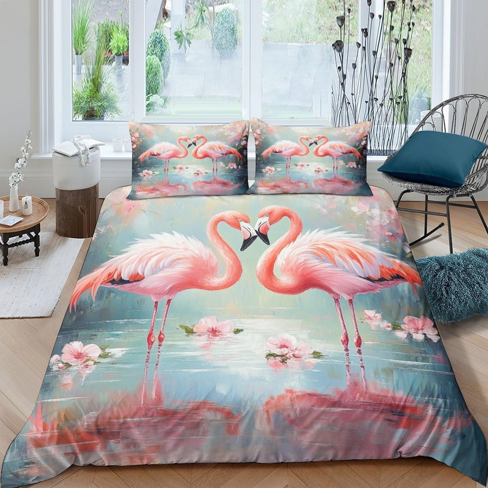 Flamingo-Pärchen 3D-Bedruckt 3er-Set Bettbezug Romantischer Aquarellstil Bettdeckenbezug Mikrofaser Hypoallergen Reißverschluss für Kleinkinder Jugendliche Frauen Super King（260x220cm）
