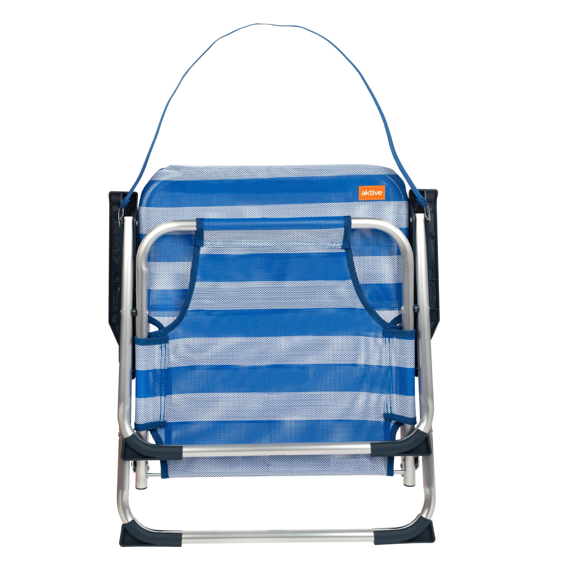 Chaise de plage pliante fixe, dossier fixe, dimensions : 44 x 40 x 72 cm, en aluminium, avec poignée de transport, rayures bleues et blanches, supporte jusqu’à 100 kg.