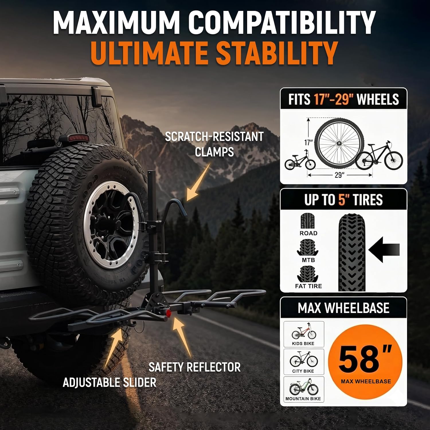 Diagram illustrating bike compatibility with wheel sizes 17-29 inches, tire widths up to 5 inches, and max wheelbase of 58 inches