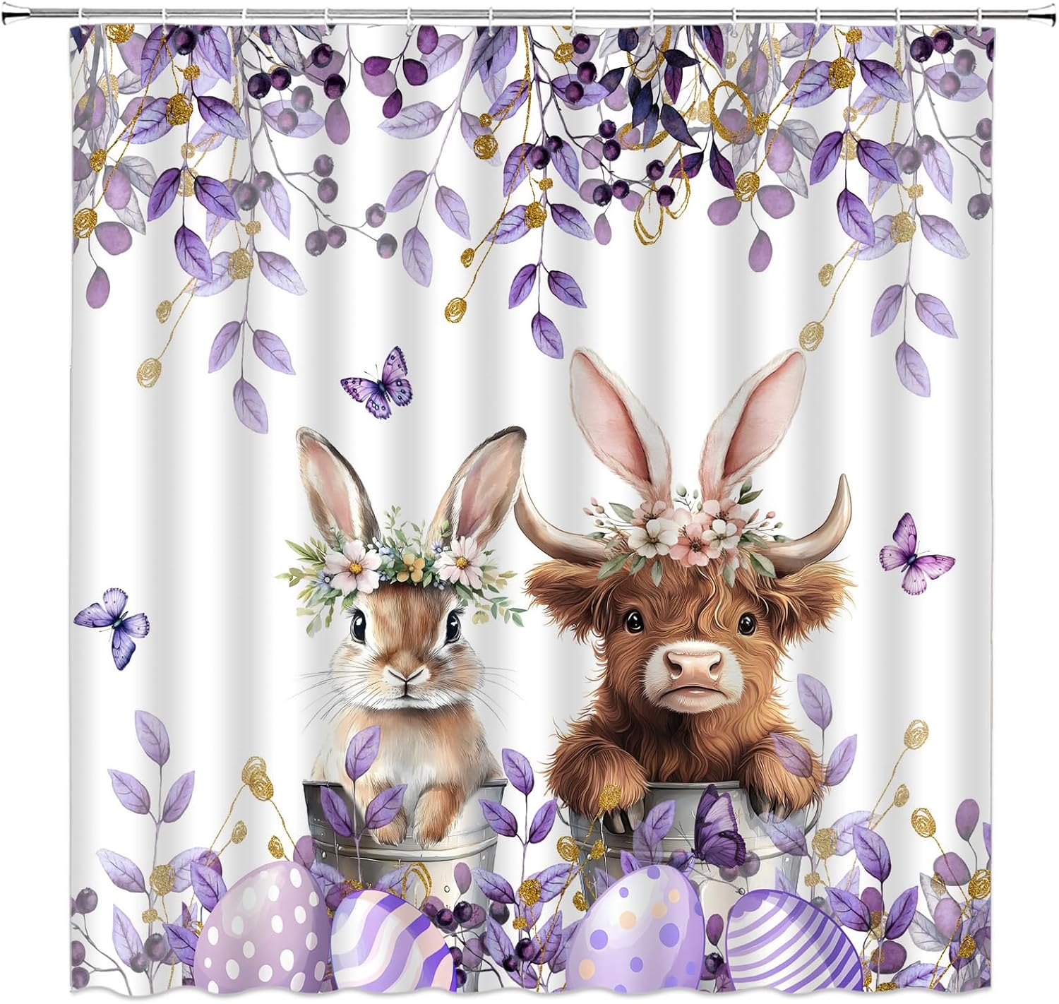 Easter Highland Cow Shower Curtain Eucalyptus Leaves Cute Bunny Farmhouse Rabbit Spring,Purple 70" Wx84 H Fabric Bathroom Decor Curtain with Hooks