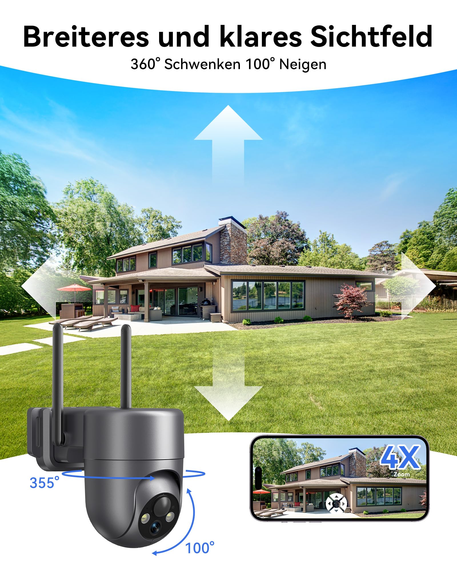 2K Überwachungskamera Aussen Solar Akku WLAN, 2,4 GHz | 360° PTZ Kamera Überwachung Aussen Akku mit PIR-Erkennung, Farbige Nachtsicht, 2-Wege-Audio, IP66 Wasserdicht, 2 Stück