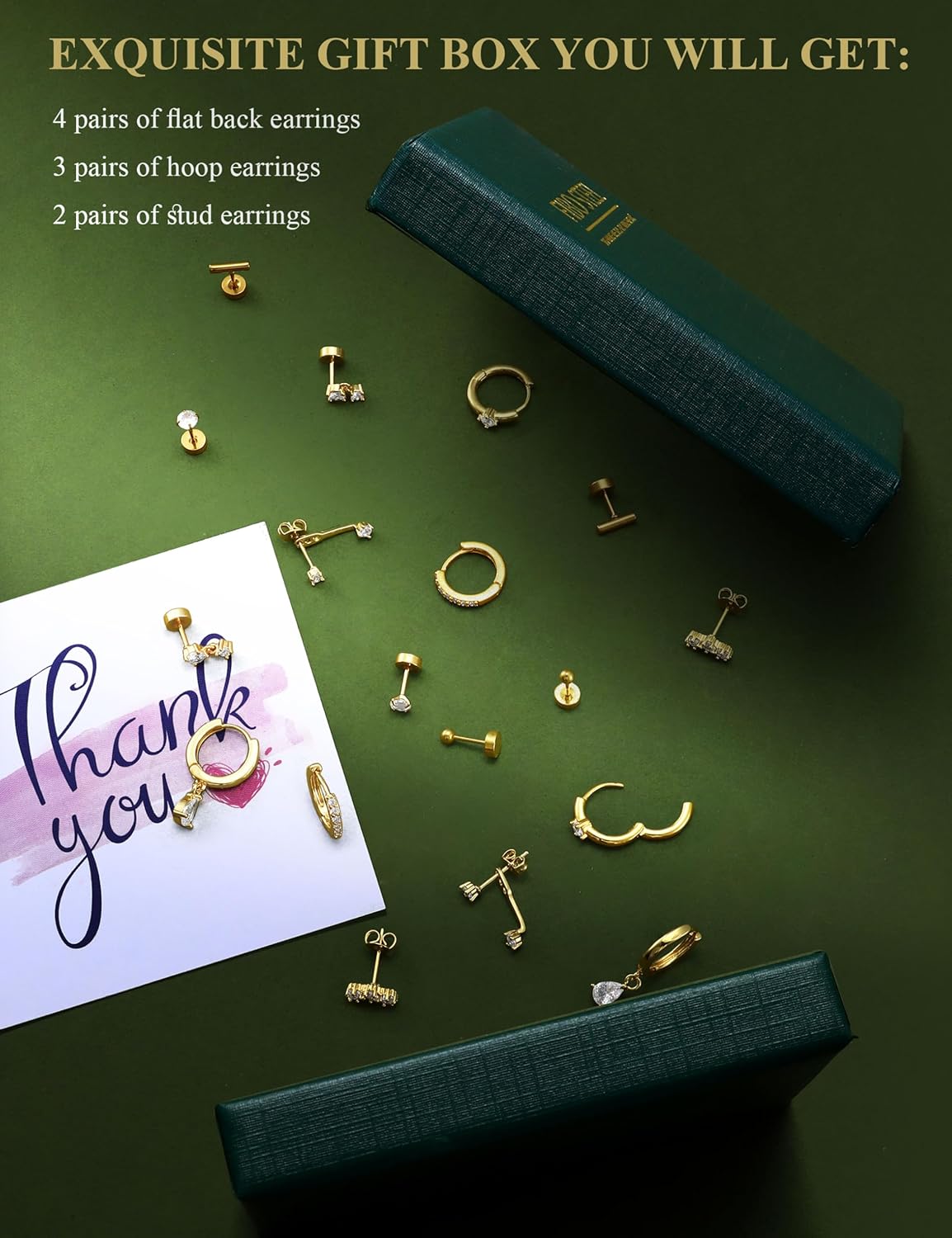 Hypoallergenic Stud Hoop Silver 14K Gold Plated Earrings Stacks - 9 Pairs Surgical Stainless Steel Earring Set for Sensitive Ears - Small Ear Piercing Flat Back Cartilage Earrings for Women Trendy Gifts - Image 6