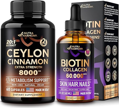 NUTRAHARMONY Cápsulas de canela eylon y biotina líquida, gotas de colágeno