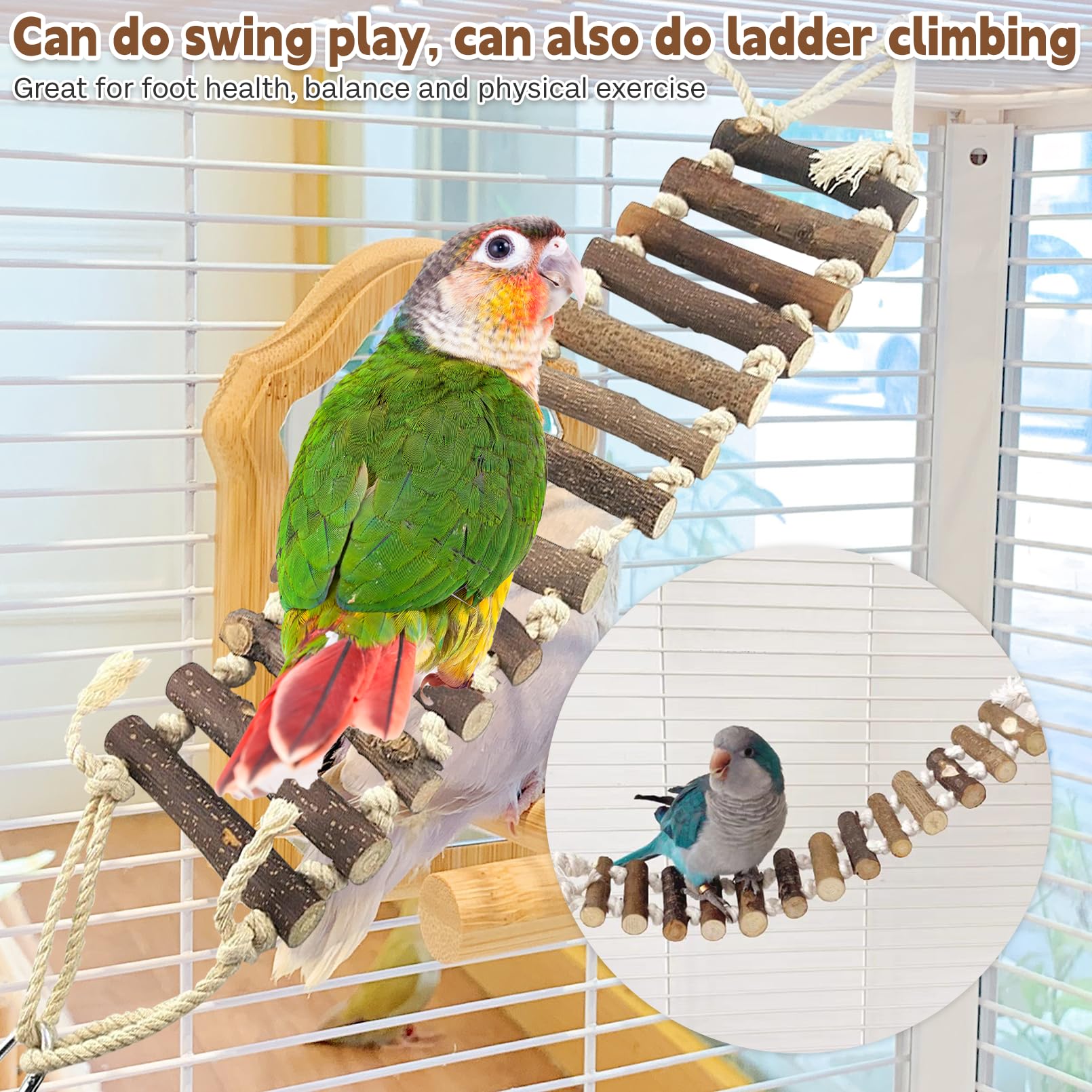 PINVNBY Bird Parakeet Toys, Bird Rope Ladder Swing Hammock Toys, Made of Natural Wood and Rope, Parakeet Cage Accessories for Parrot Budgie Conure Cockatiel (2 PCS) - image 5