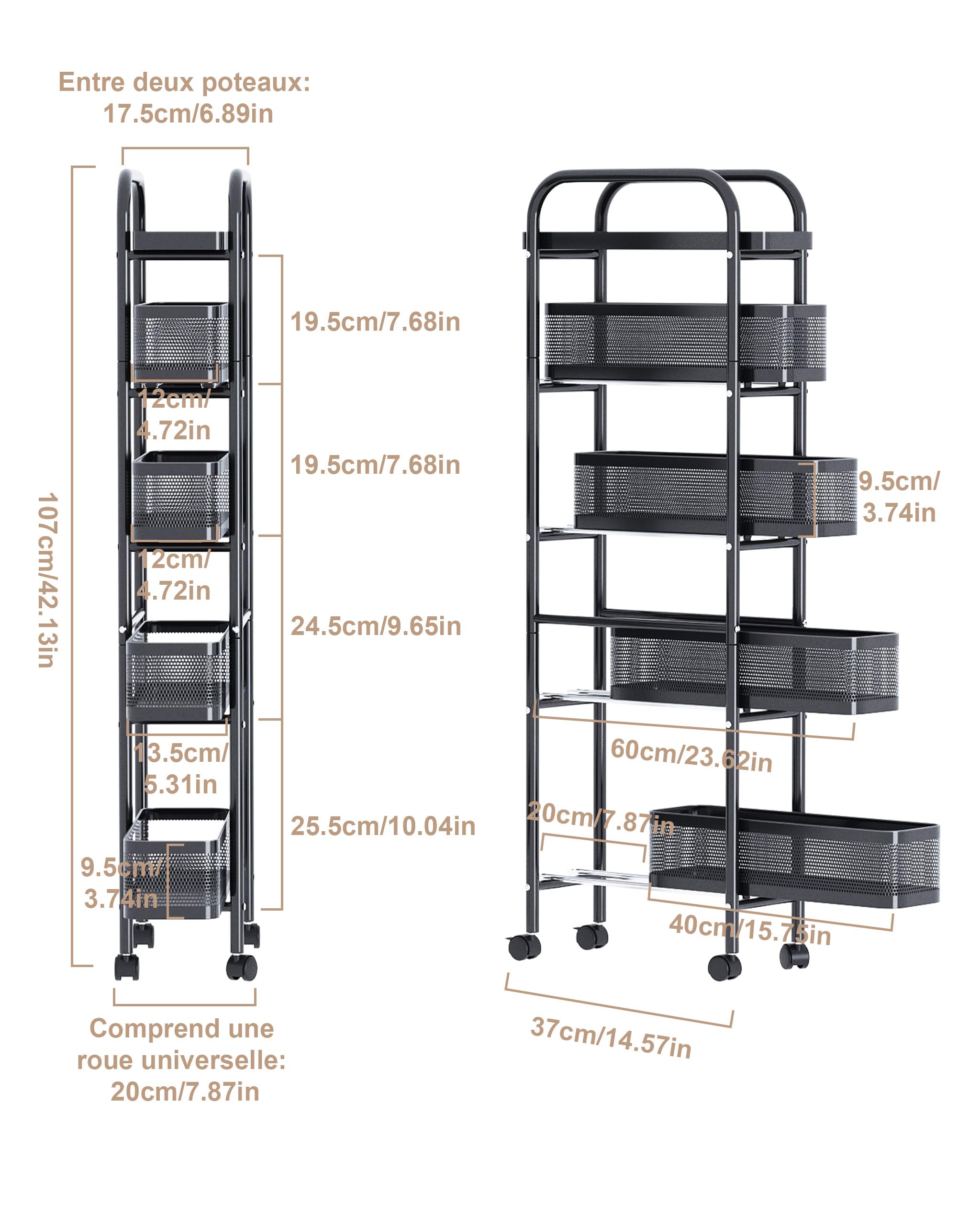 UMDONX Chariots de Rangement pour Cuisine Chariot à roulettes étroit en métal à 5 Niveaux desserte à roulettes sur roulettes avec tiroirs coulissants étagère de Niche(Noir)