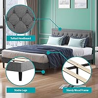 Vista 4 de BALUS Full Size Flat Bed Frame, Linen Fabric Upholstered Headboard with Button Tufted for Bedroom, Apartment, Modern Design, No Box Spring Needed