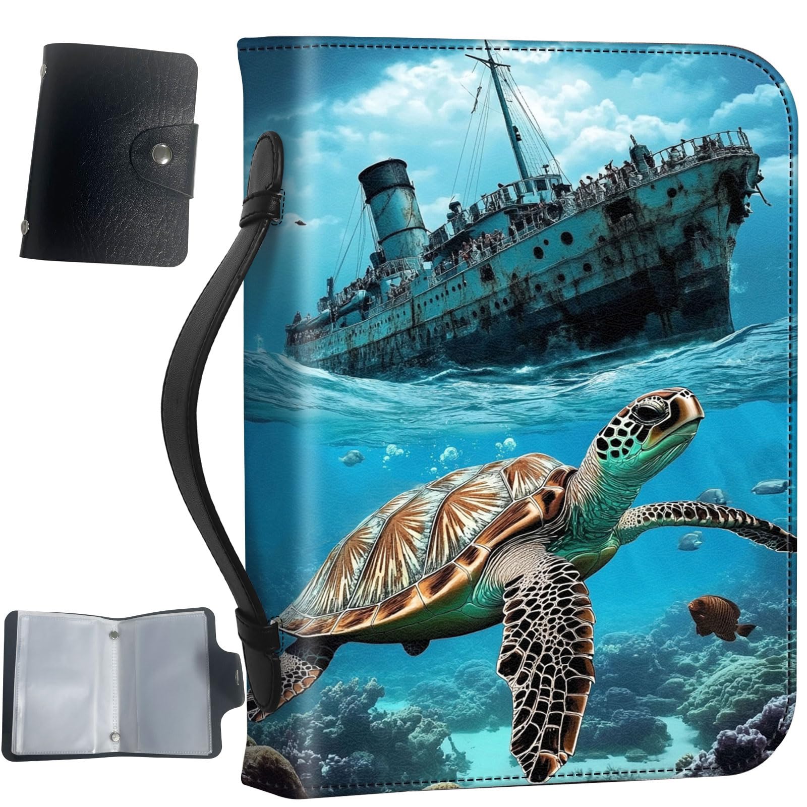 PU Leather Bible Cover with Handle & Pockets, Large Capacity Bible Case, Water-Resistant Scripture Organizer Bag with Bonus Card Holder, Christian Gift for Women & Men, Majestic Sea Turtle