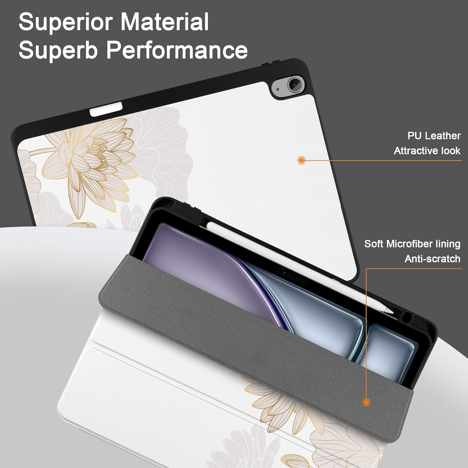 DONGKE Case for iPad Air 13 Inch Case M4 2026, M3 2025, M2 2024 - [Built-in Pencil Holder] Slim Trifold Stand Shockproof Protective Cover with Soft TPU Back Support Auto Sleep/Wake - Gold Lotus
