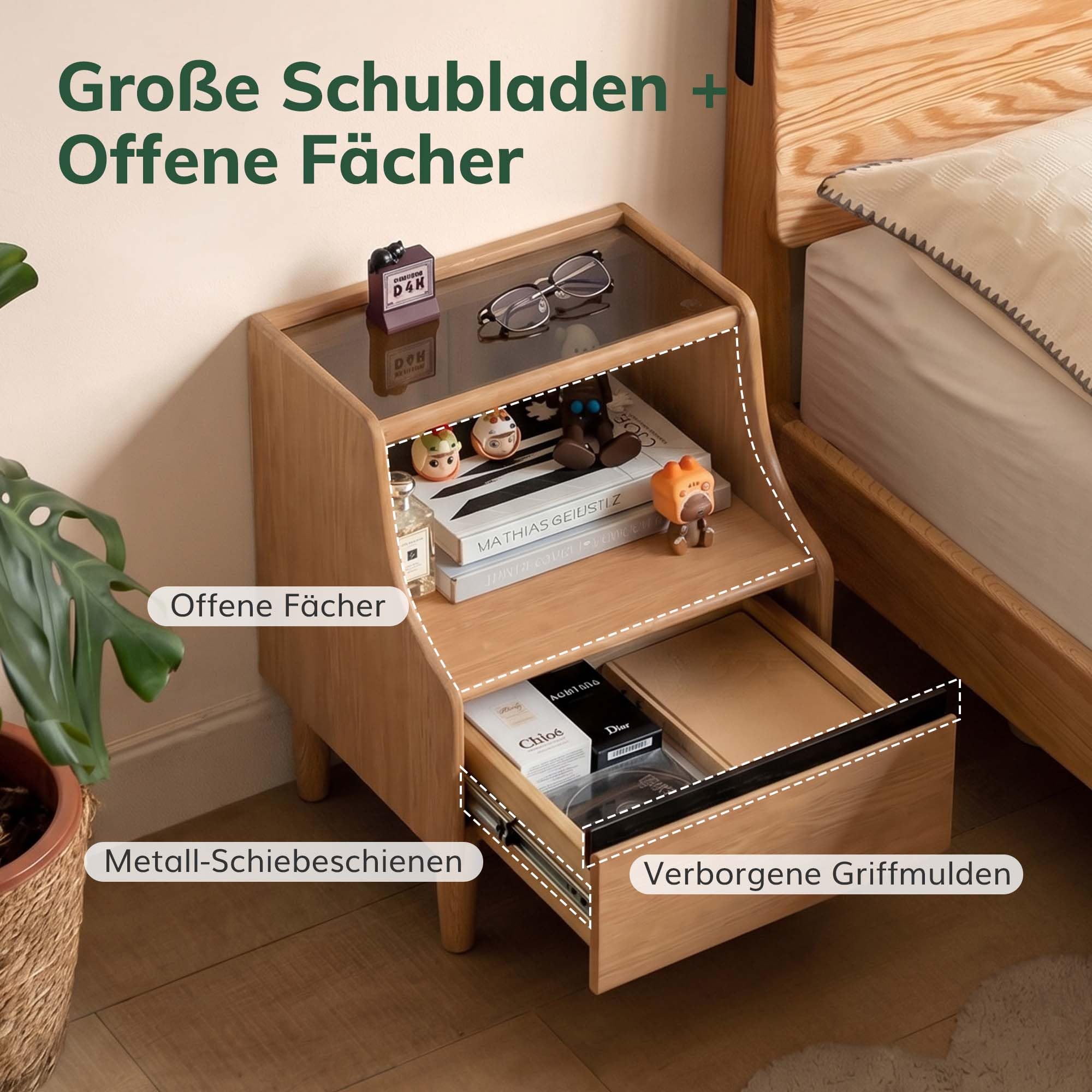 YESWOOD Massivholz Nachttisch mit Schubladen & Offenes Feld,40x35x60cm