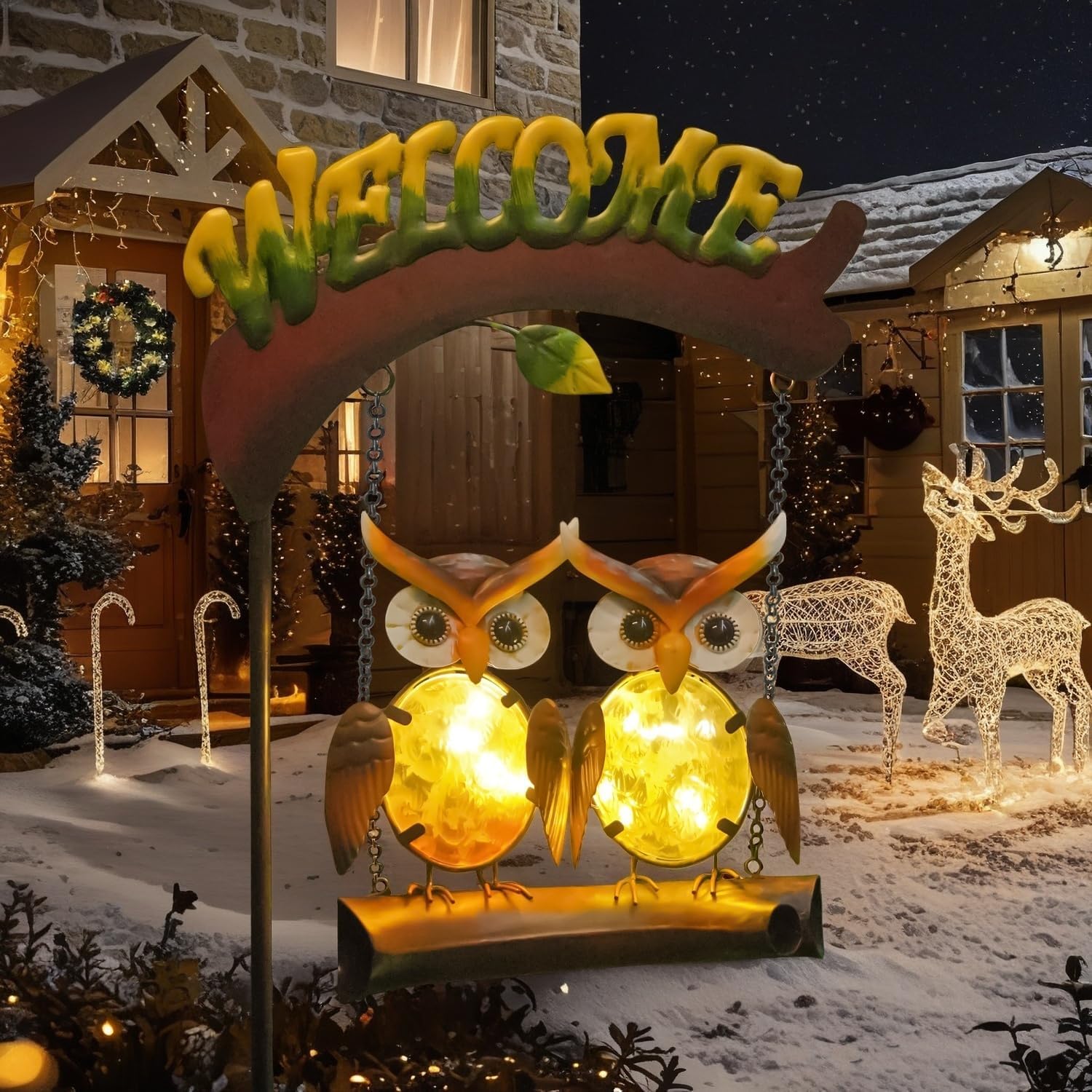 HONGLAND Solar Lights Outdoor Decor, Owl Swing Garden Decor, Owl Gifts for Women Mom, Whimsical Garden Lights Outdoor Decorations with Welcome Sign for Outside Patio Yard Lawn Decor - Image 3