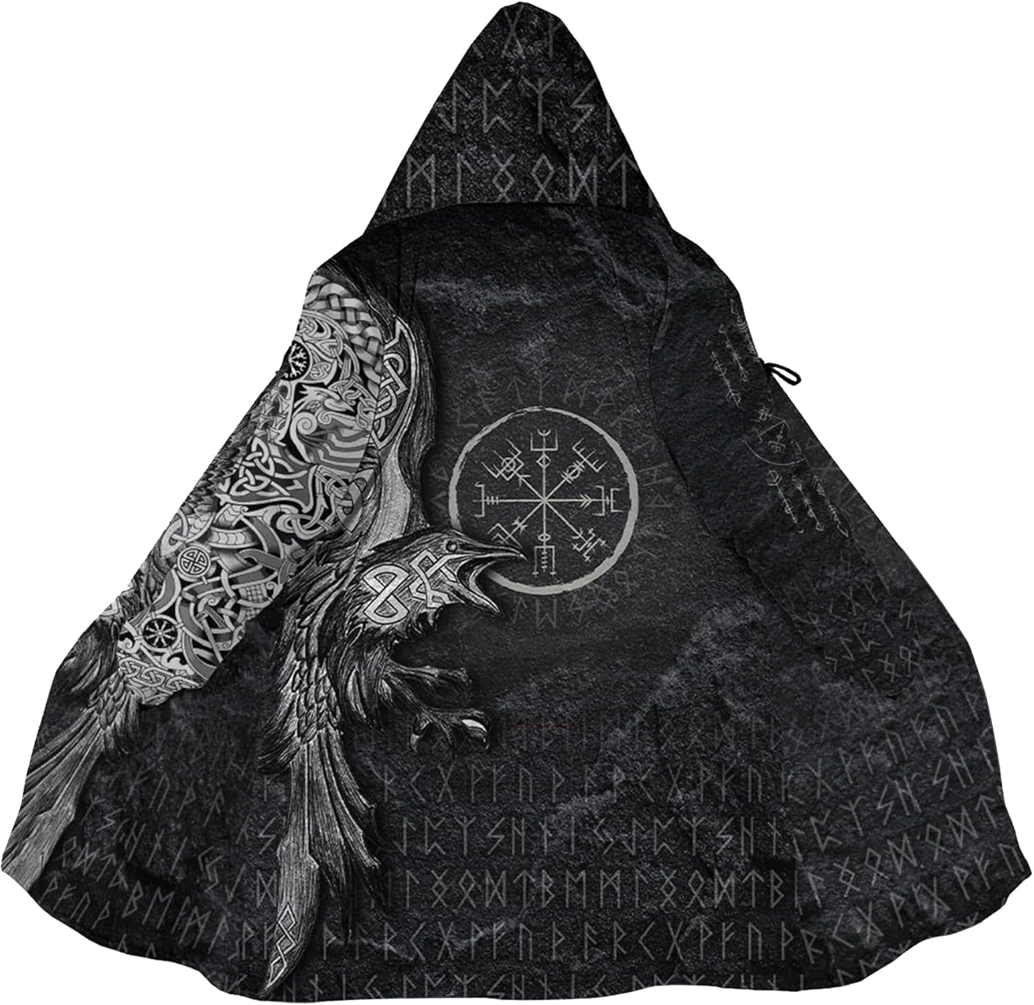 Viking Raven Winter Men's Coat Parka Mid Long Warmth Coats Norse Myth Rune Printed Hooded Cloak Cape Street Clothes