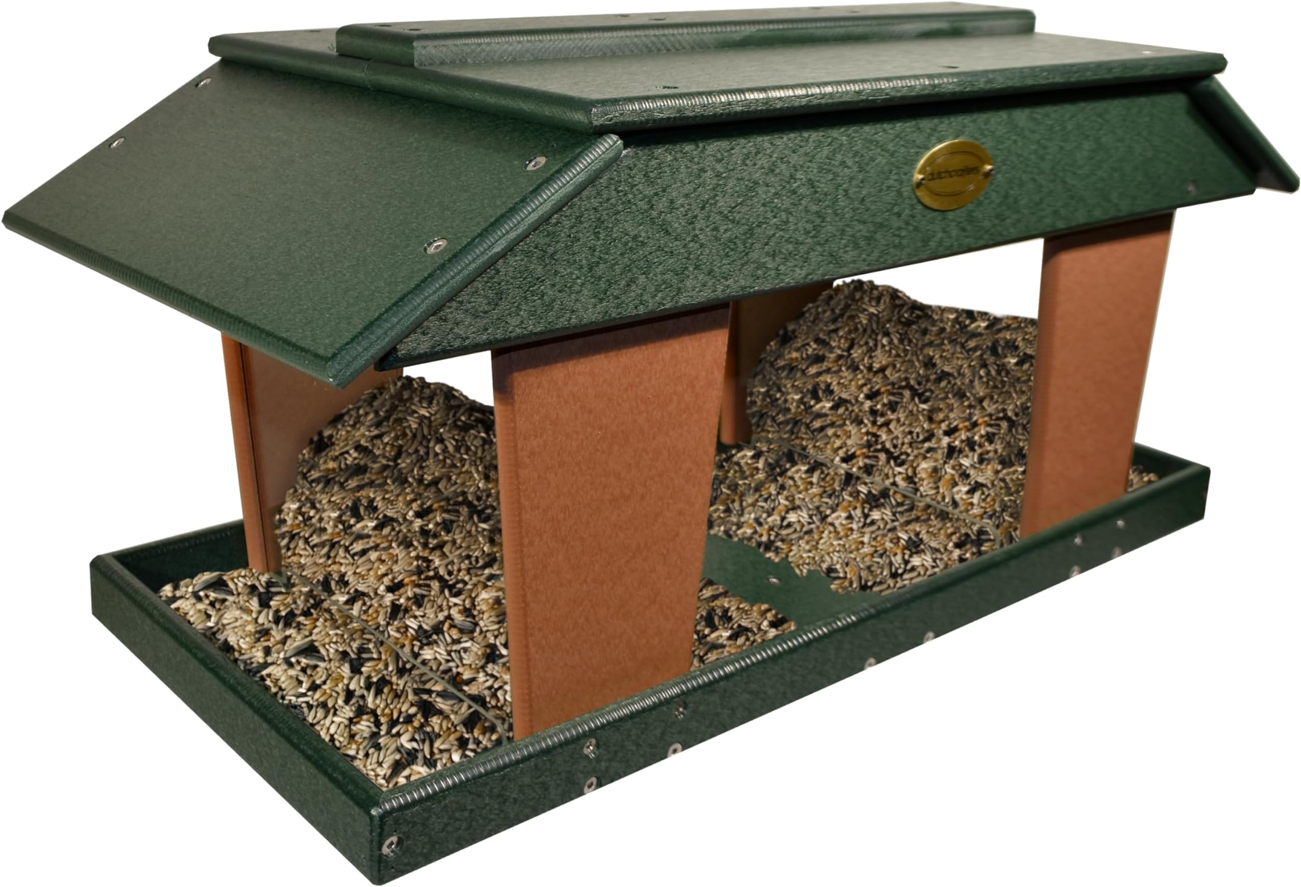 DutchCrafters Poly Post Mount Extra Large Double Hopper Bird Feeder, Outdoor Wild Bird Feeder for Outside, USA Amish Made (Turf Green & Cedar)