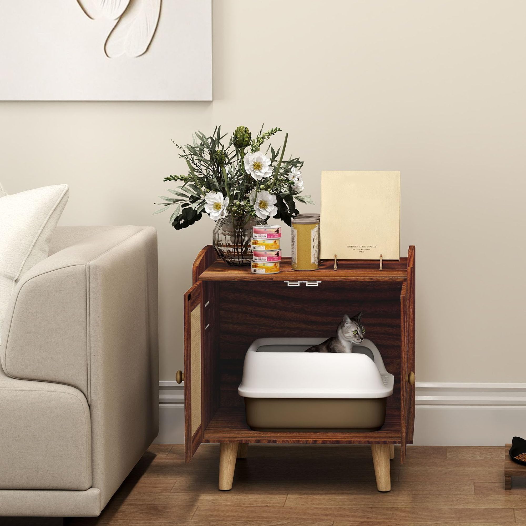 PawHut Mueble Arenero para Gatos Mesa Auxiliar 55x43x59,6 cm Marrón | Caja de Arena para Gatos, con Puertas, Esteras de Sisal, Patas de Madera, para Salón Dormitorio